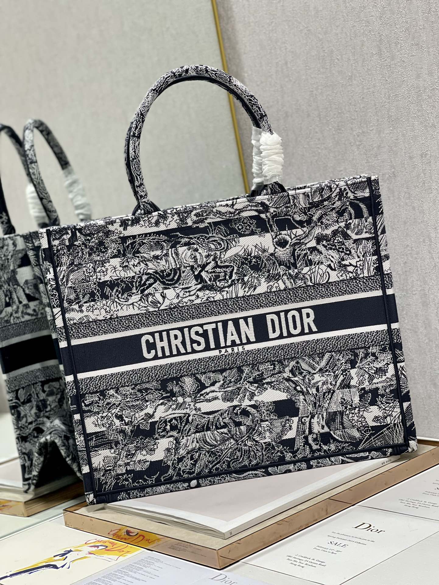 Dior 41cm Book Tote Navy Blue Toile de Jouy Stripes Embroider