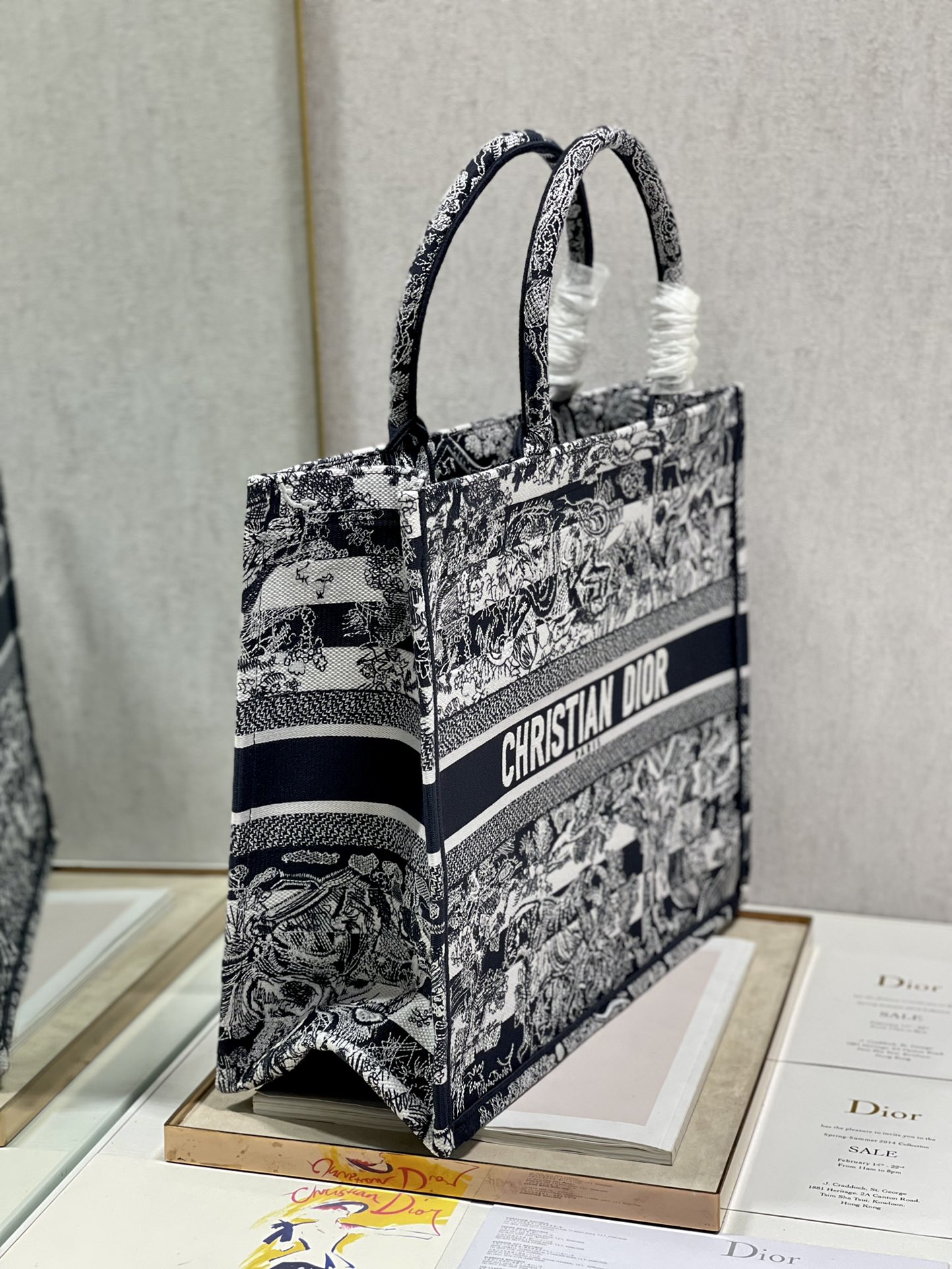 Dior 41cm Book Tote Navy Blue Toile de Jouy Stripes Embroider