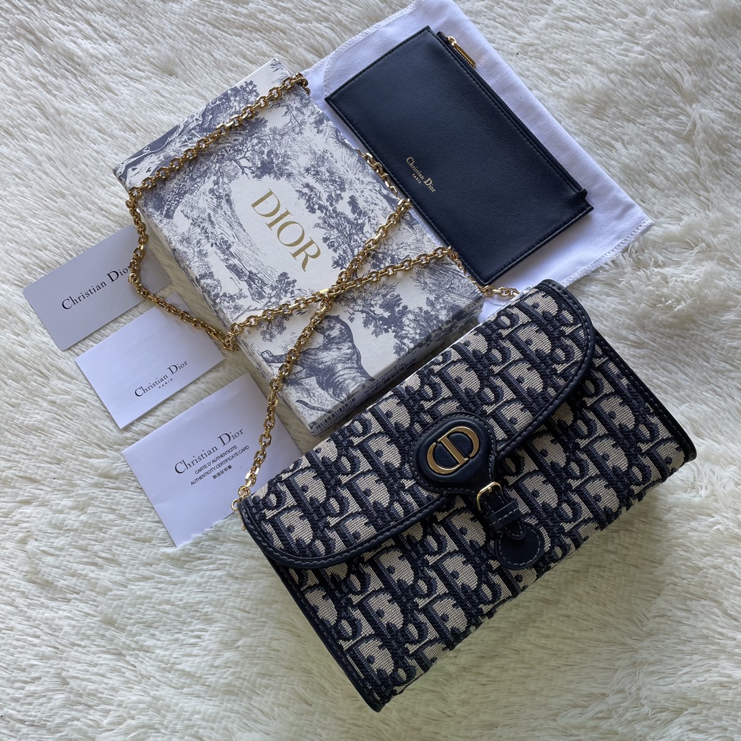 Dior Bobby East-west Pouch With Chain Blue Dior Oblique Jacquard