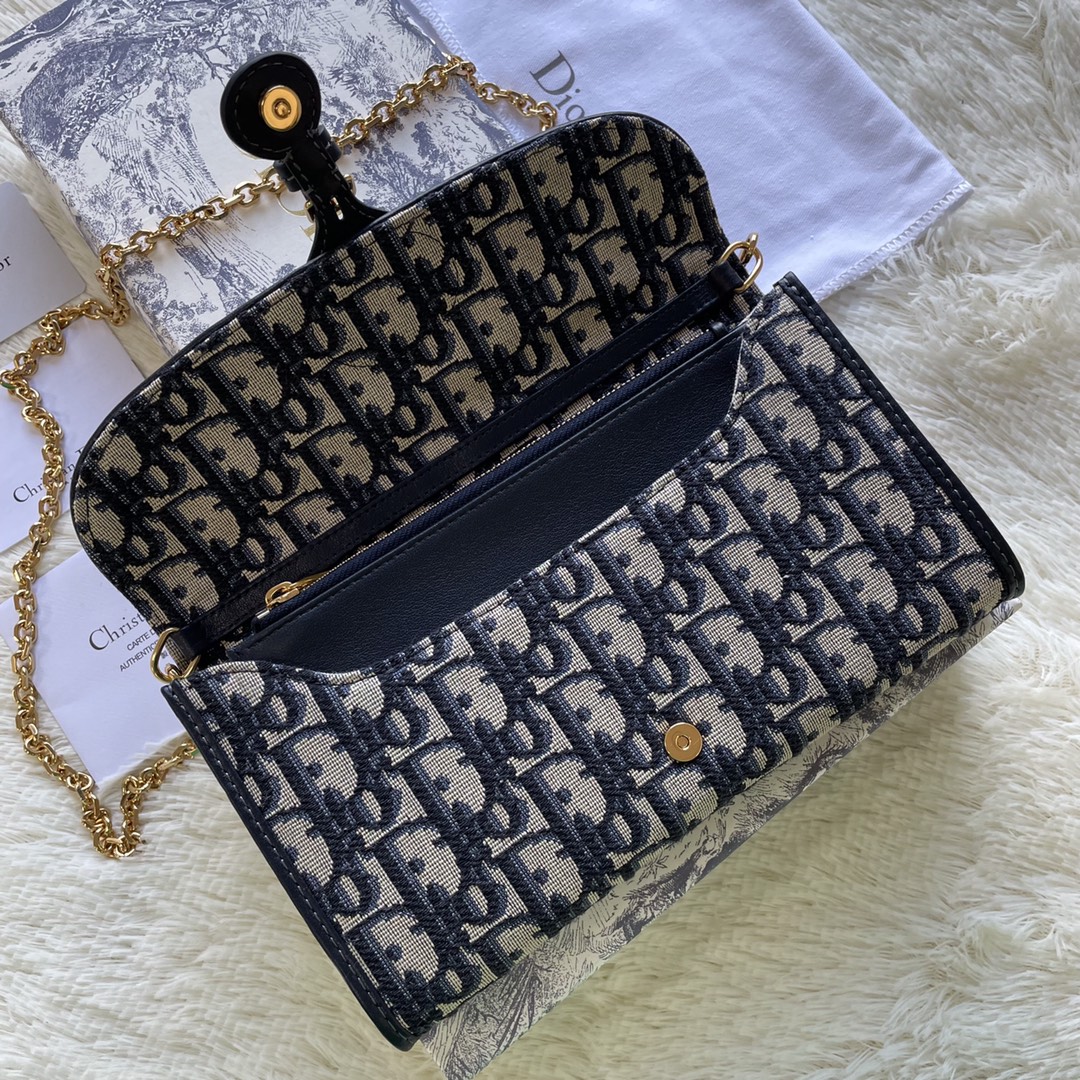 Dior Bobby East-west Pouch With Chain Blue Dior Oblique Jacquard