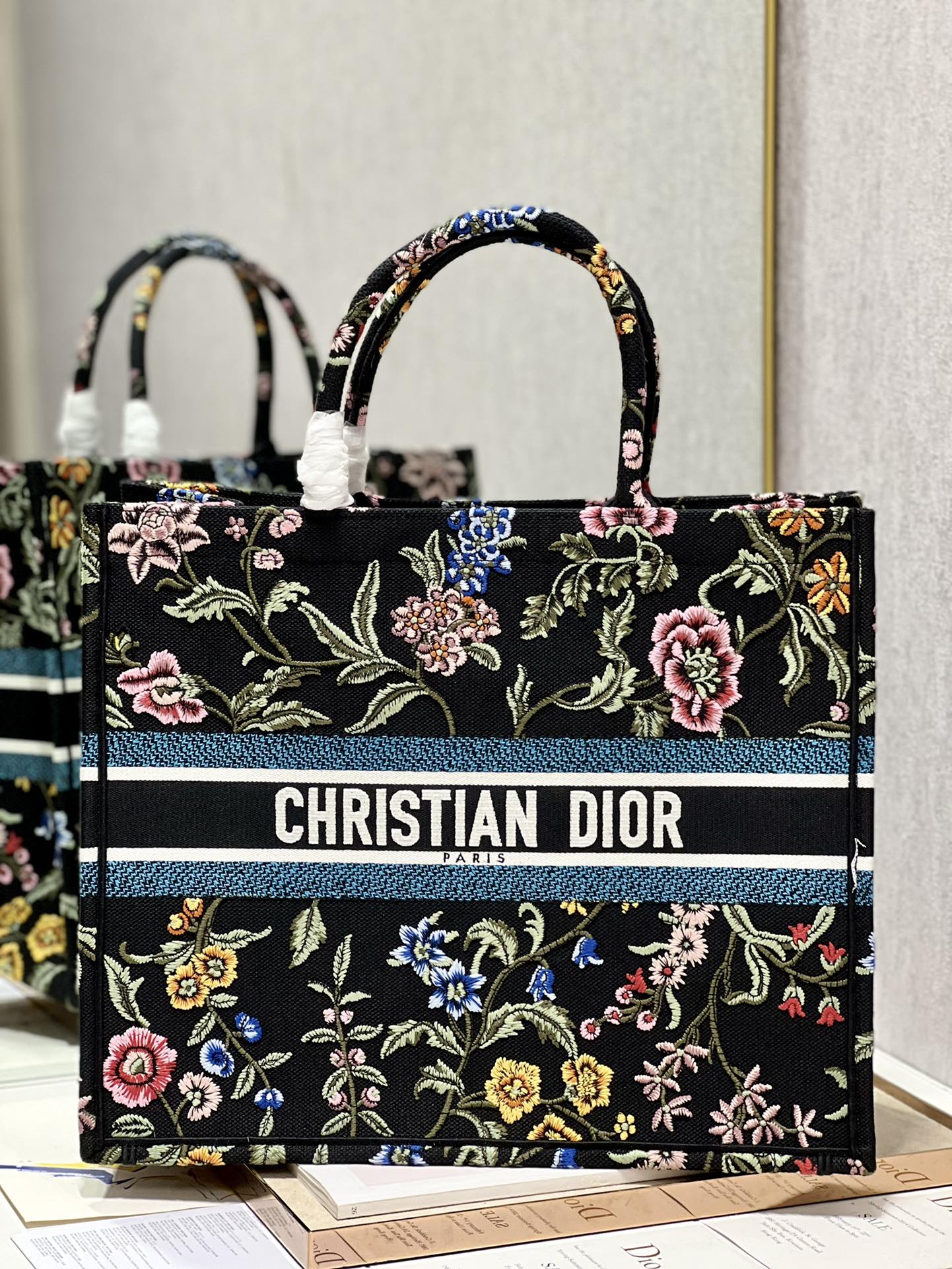 Dior Book Tote Large 42cm Black Multicolor Dior Petites Fleurs Embroidery