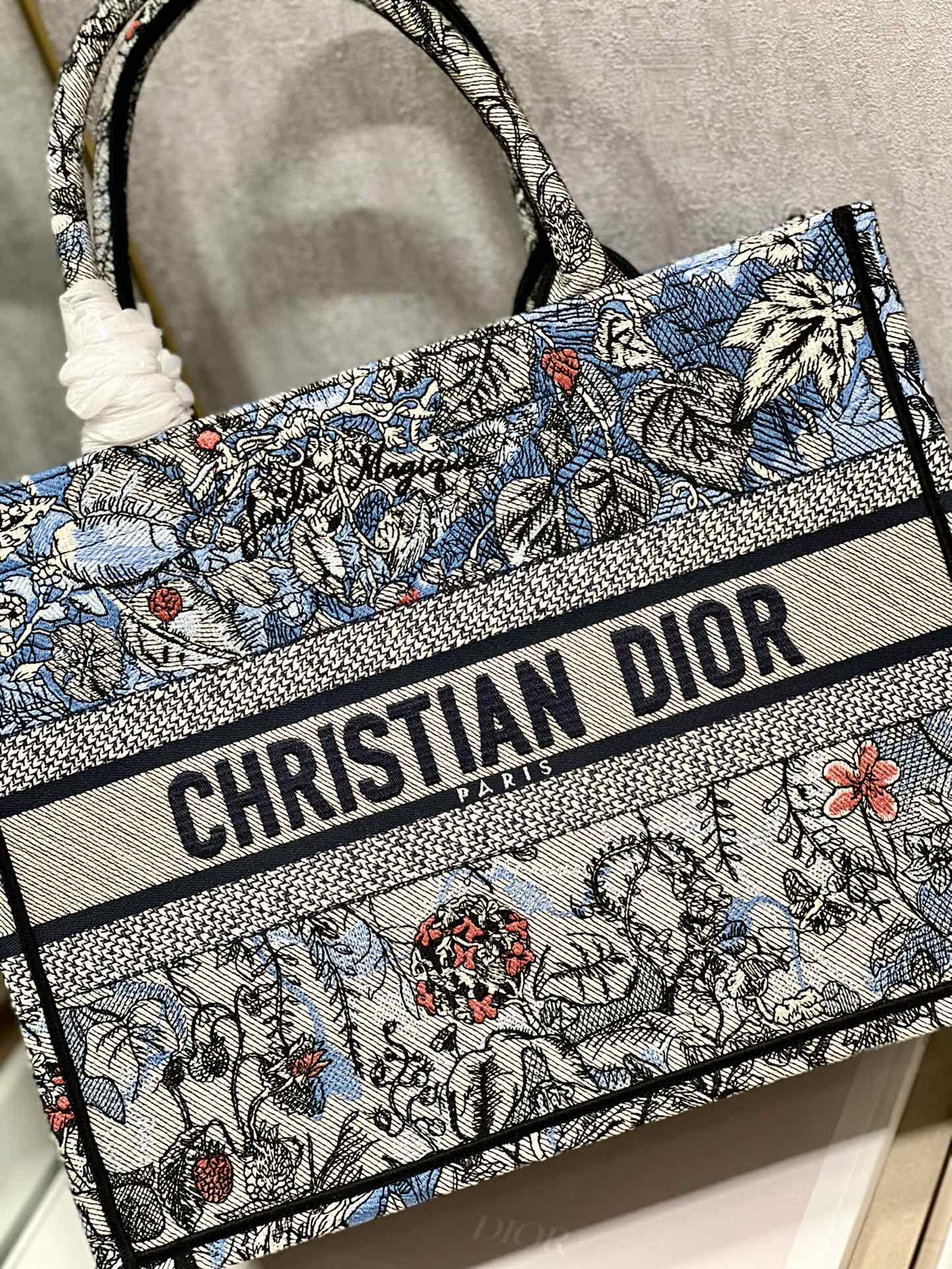 Dior Book Tote Medium 36cm Denim Multicolor Dior Jardin Magique Embroidery Blue