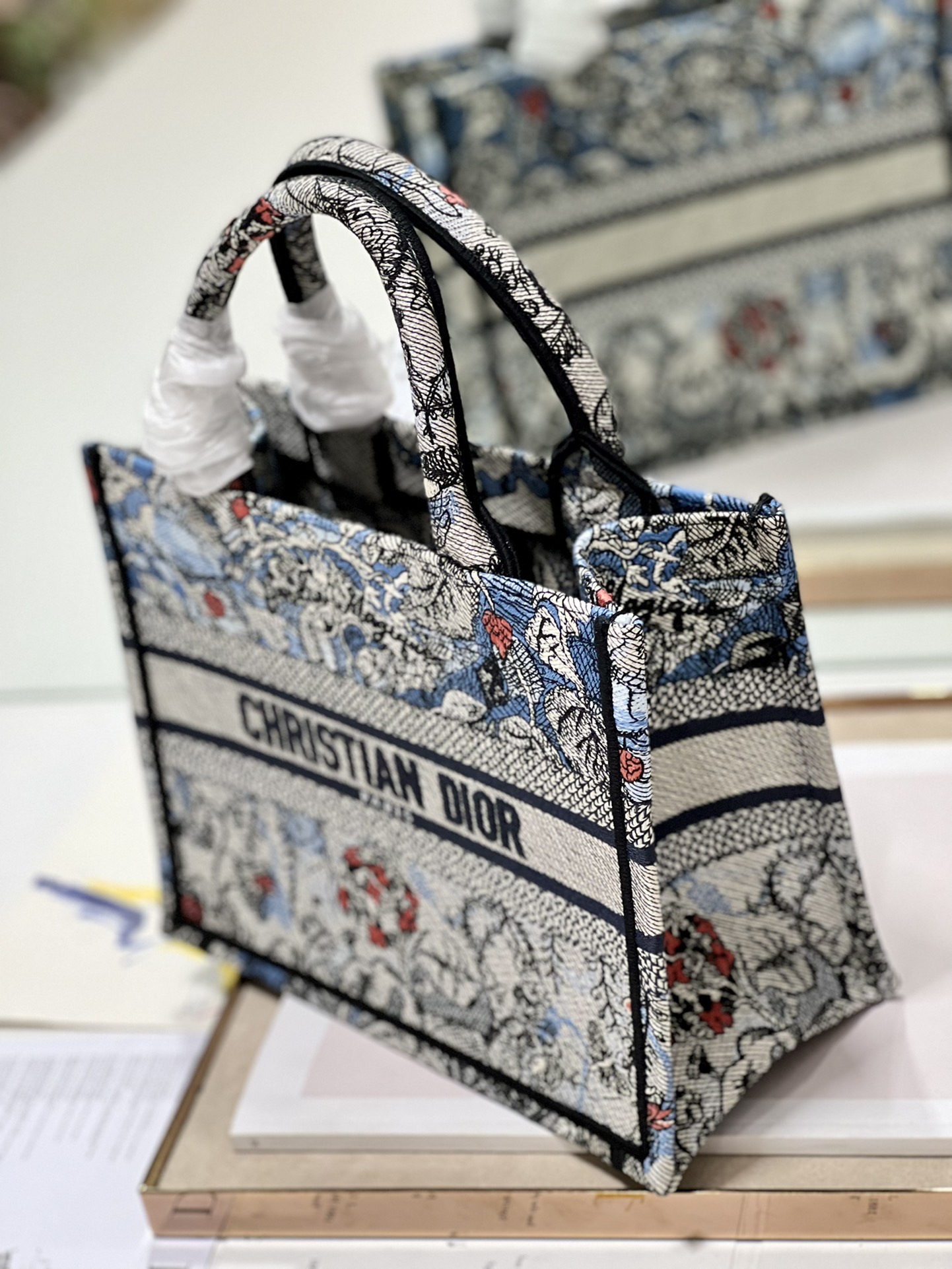 Dior Book Tote Small 26.5cm Denim Multicolor Dior Jardin Magique Embroidery Blue