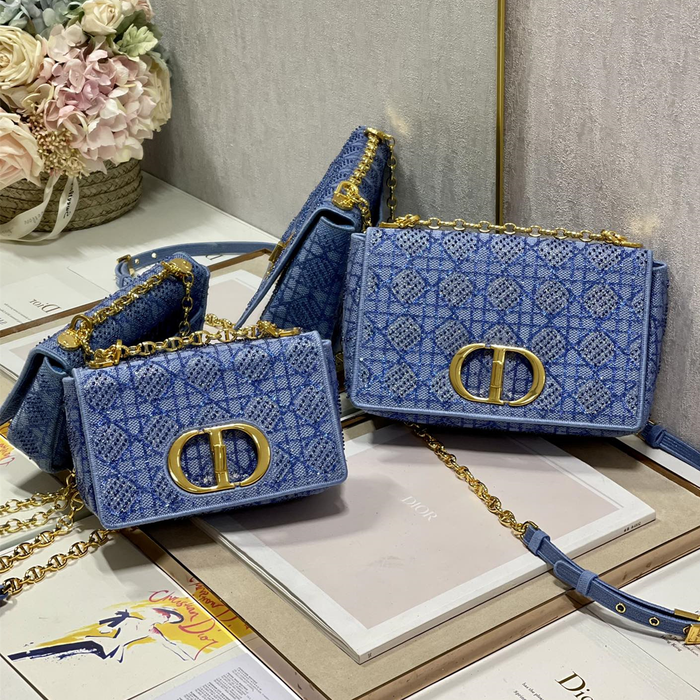 Dior Caro Bag Macrocannage Tweed Embroidery Blue