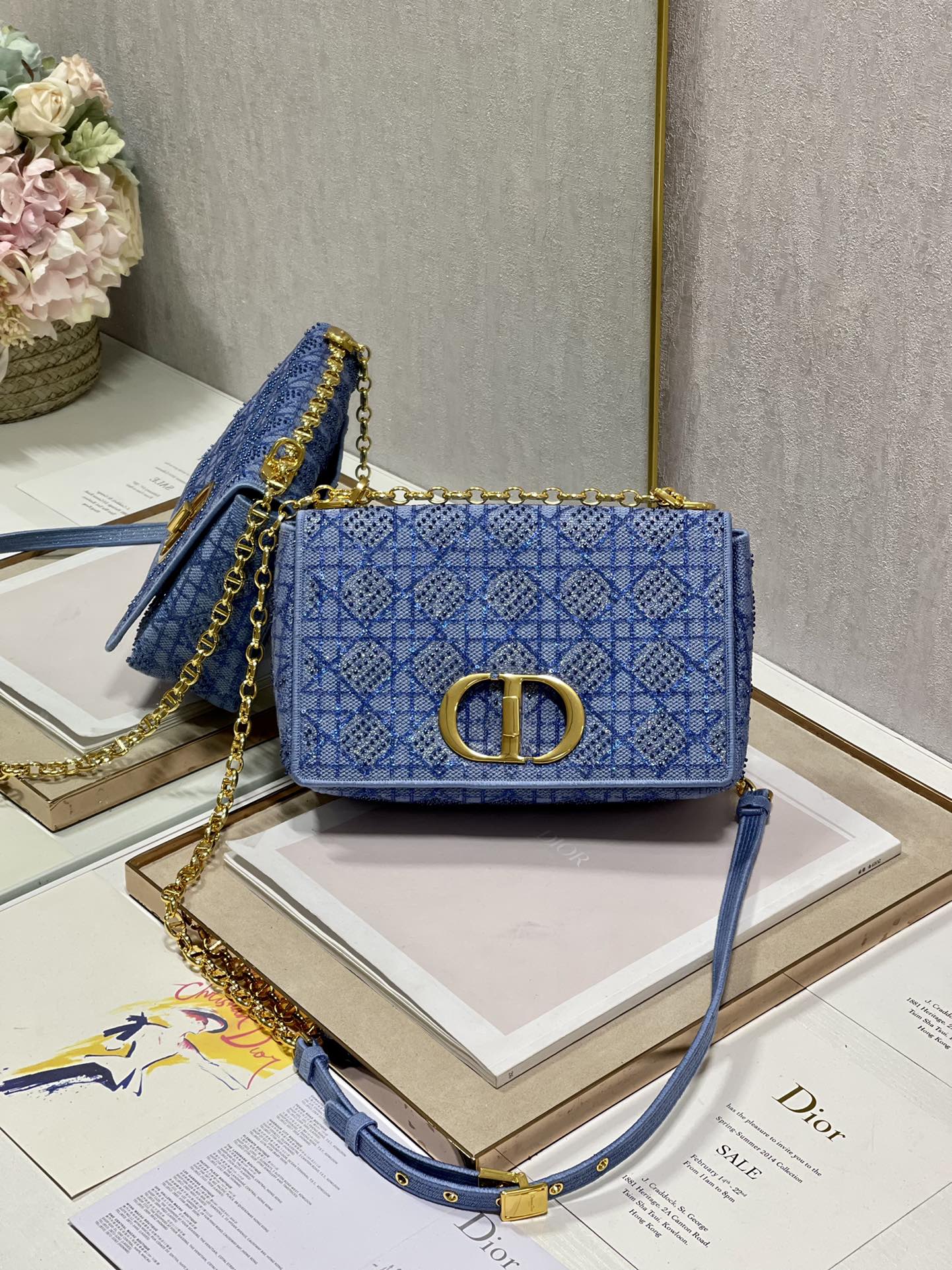 Dior Caro Bag Macrocannage Tweed Embroidery Blue