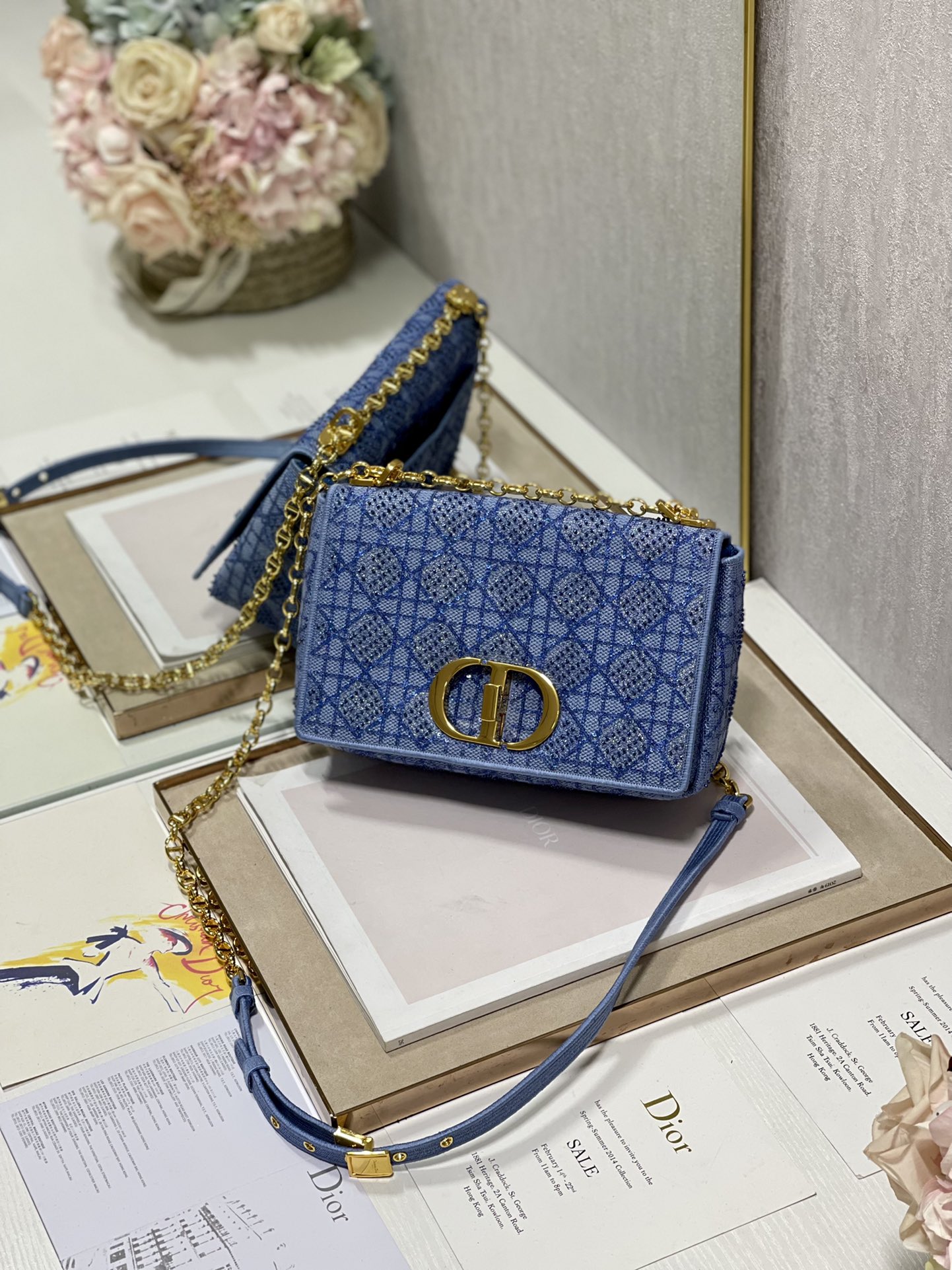 Dior Caro Bag Macrocannage Tweed Embroidery Blue