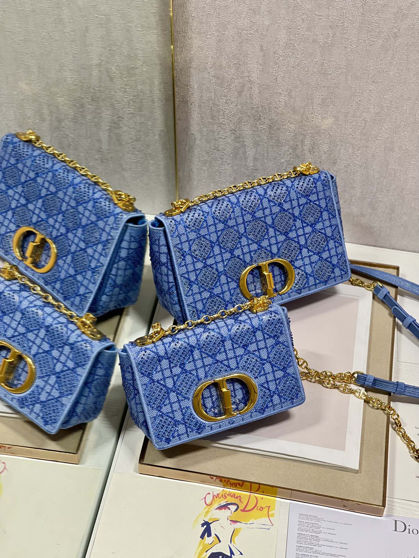 Dior Caro Bag Macrocannage Tweed Embroidery Blue