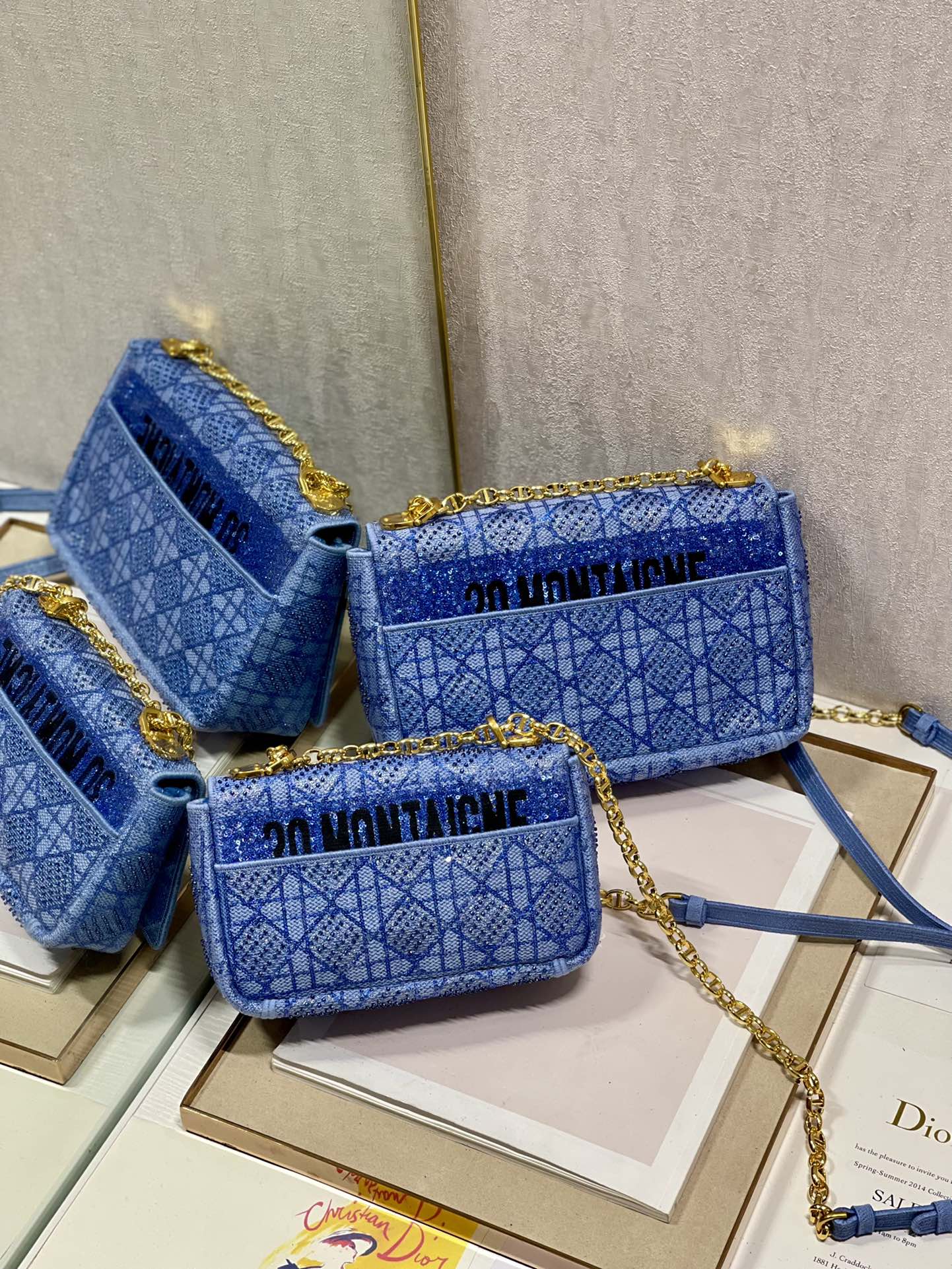 Dior Caro Bag Macrocannage Tweed Embroidery Blue