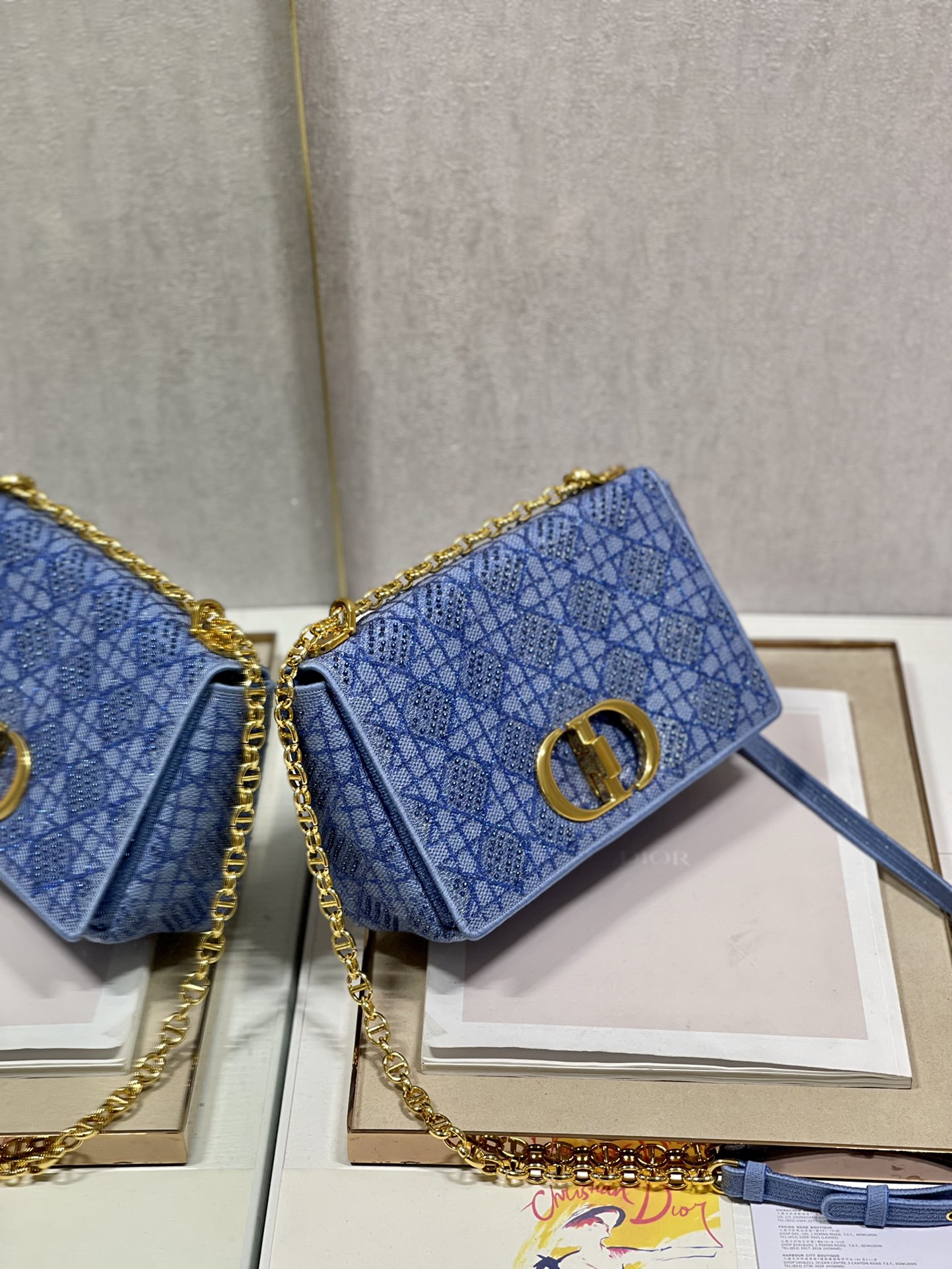 Dior Caro Bag Macrocannage Tweed Embroidery Blue