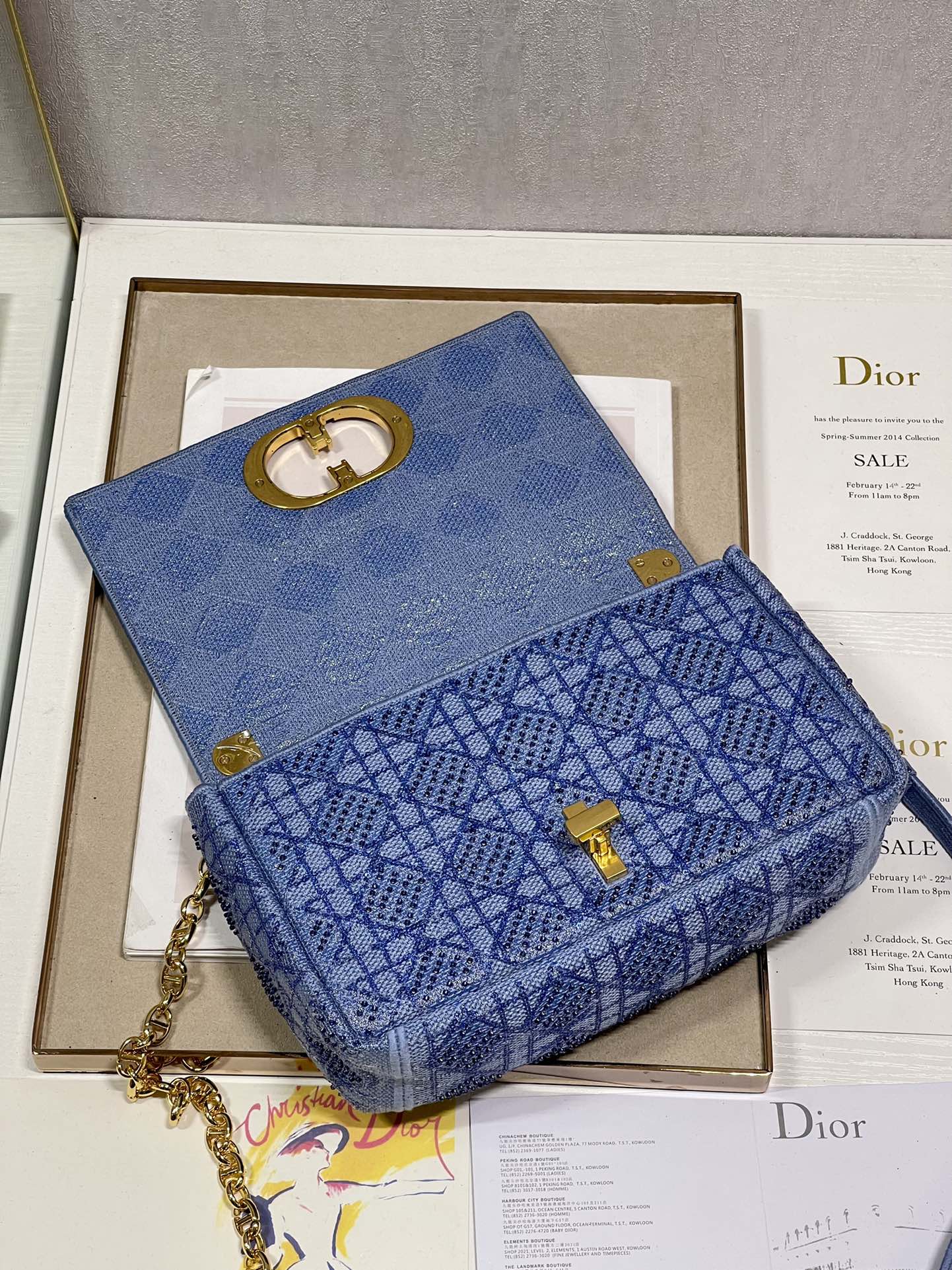 Dior Caro Bag Macrocannage Tweed Embroidery Blue