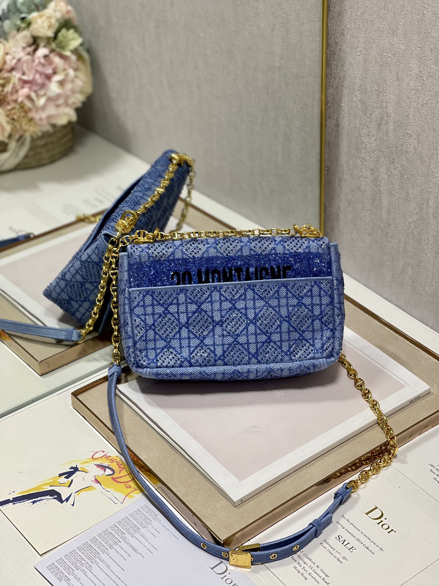 Dior Caro Bag Macrocannage Tweed Embroidery Blue