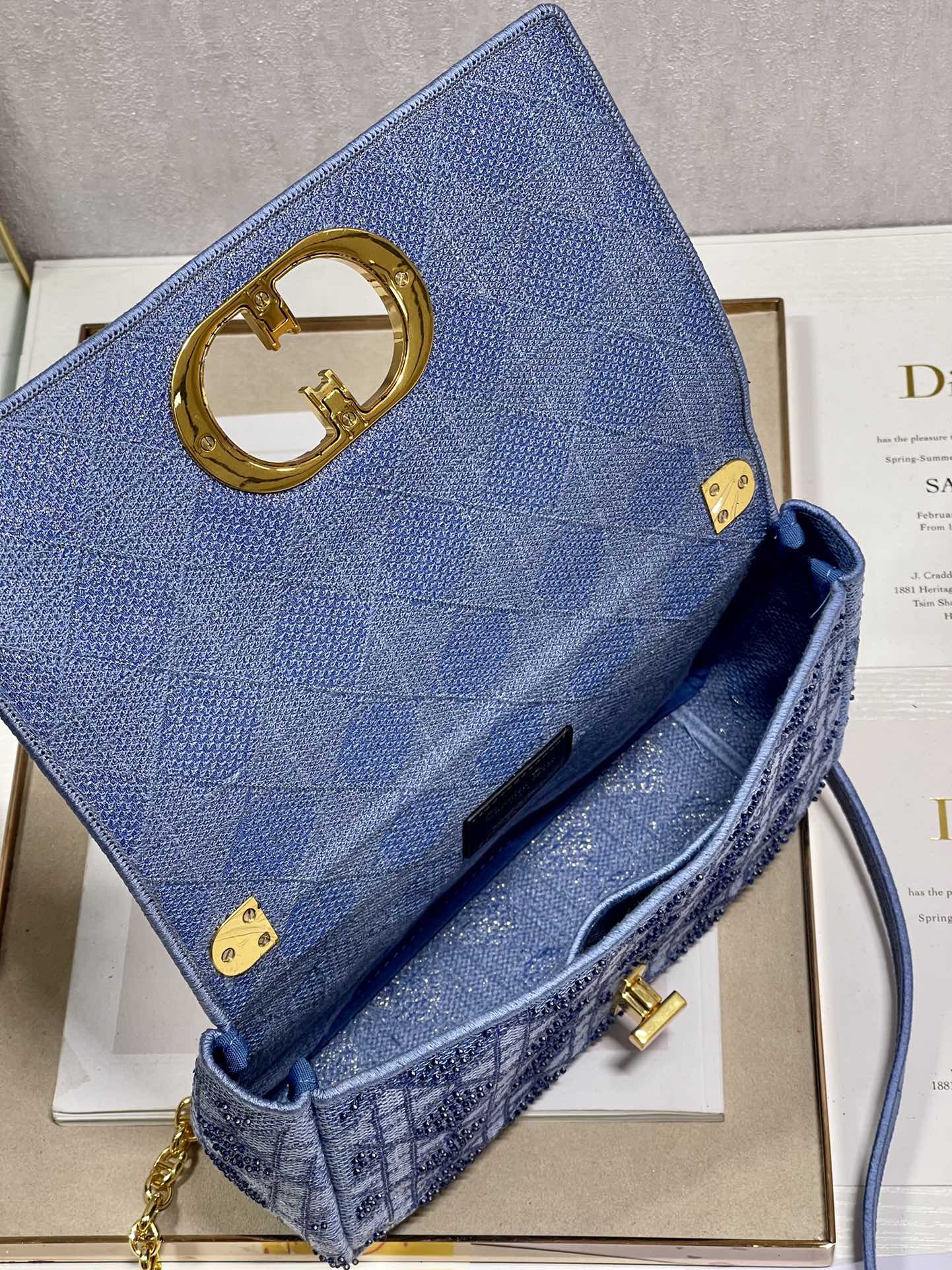 Dior Caro Bag Macrocannage Tweed Embroidery Blue