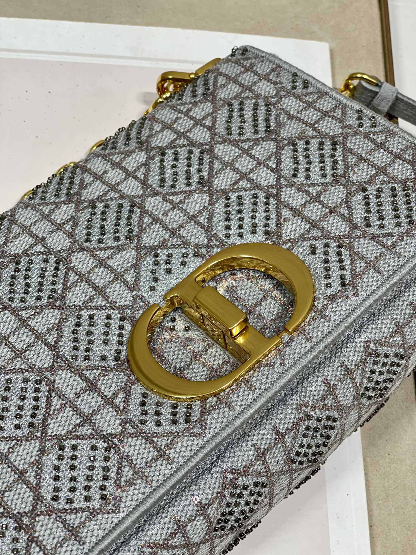 Dior Caro Bag Macrocannage Tweed Embroidery Gray