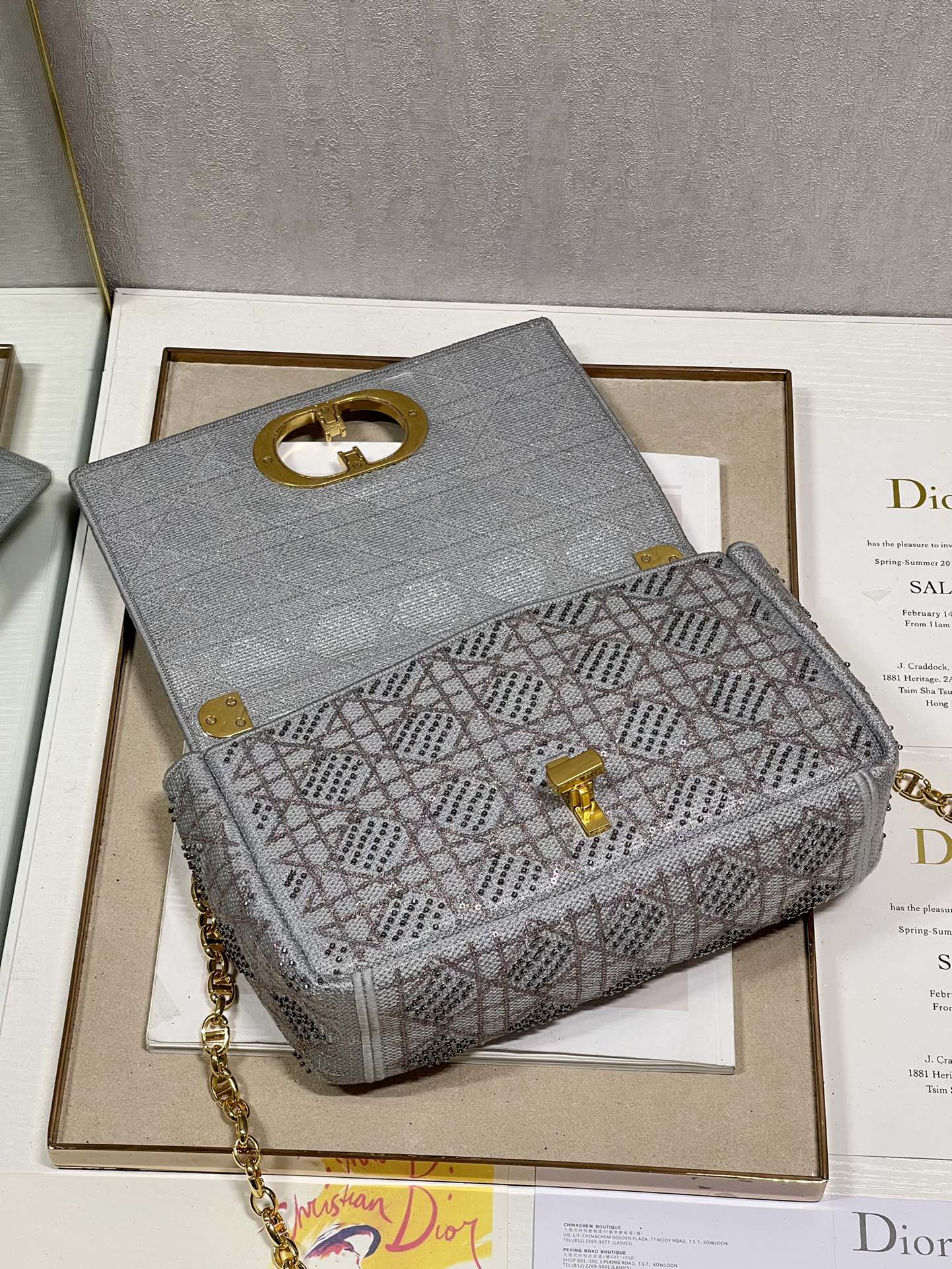 Dior Caro Bag Macrocannage Tweed Embroidery Gray