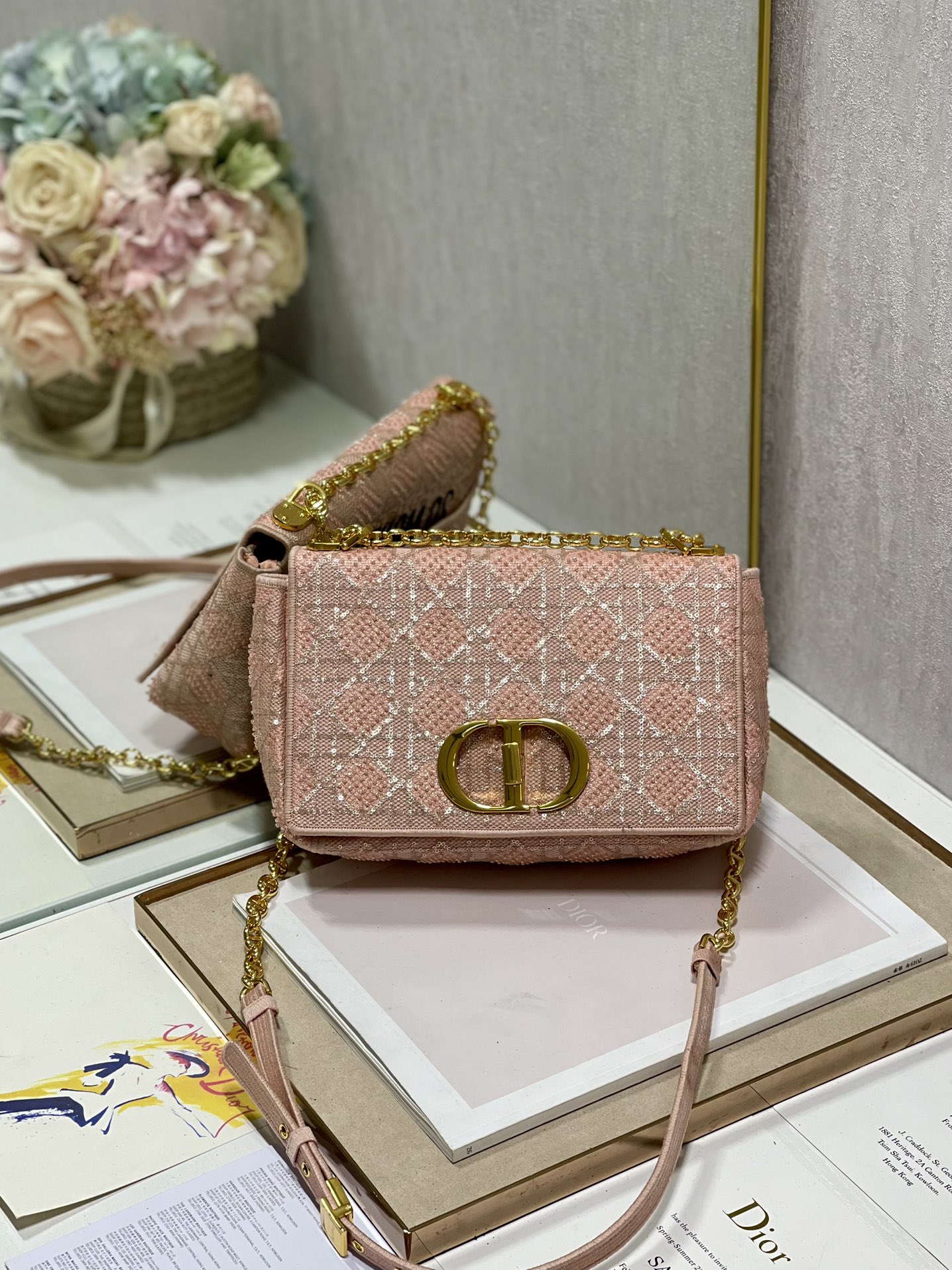 Dior Caro Bag Macrocannage Tweed Embroidery Pink