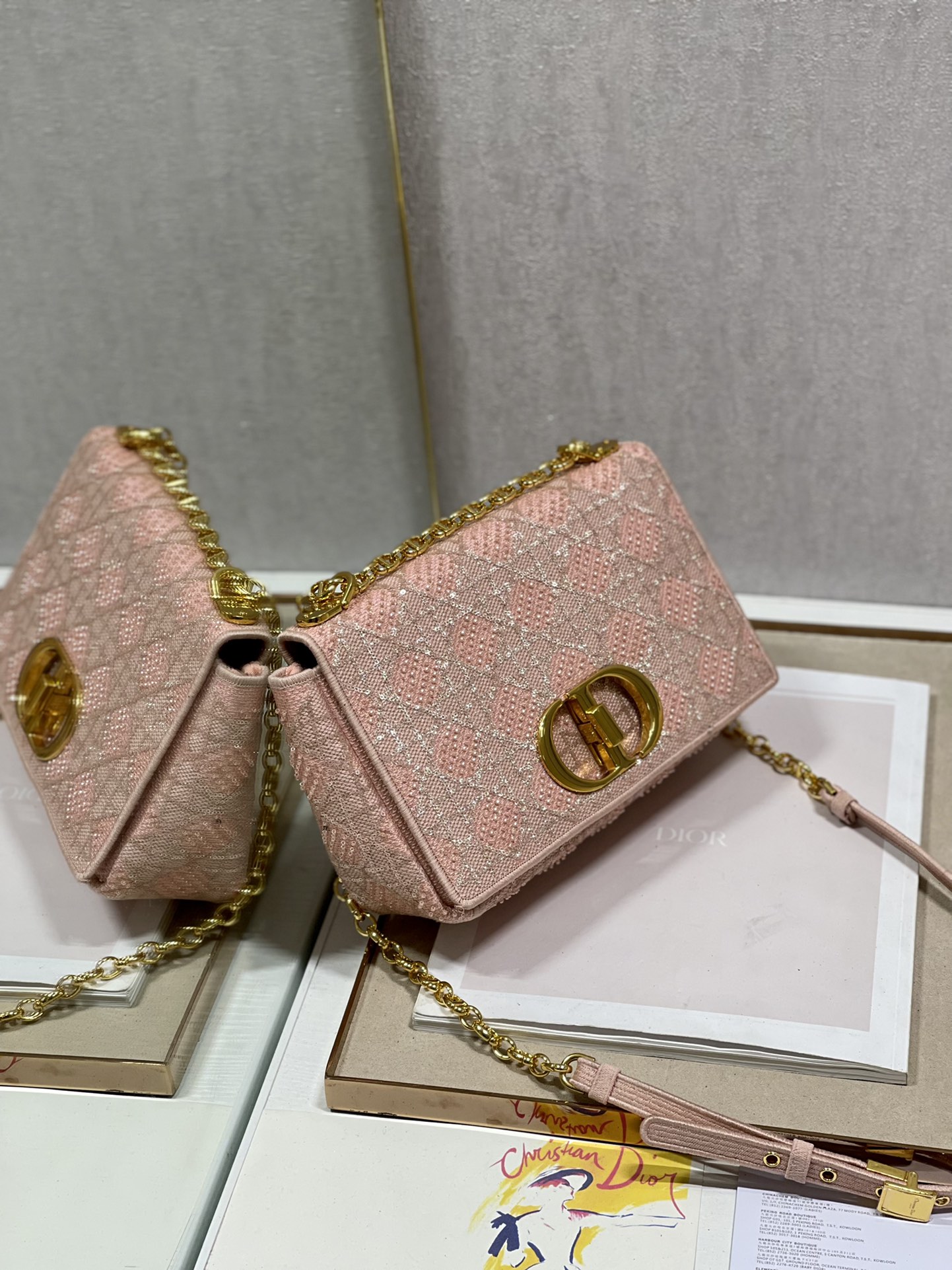 Dior Caro Bag Macrocannage Tweed Embroidery Pink