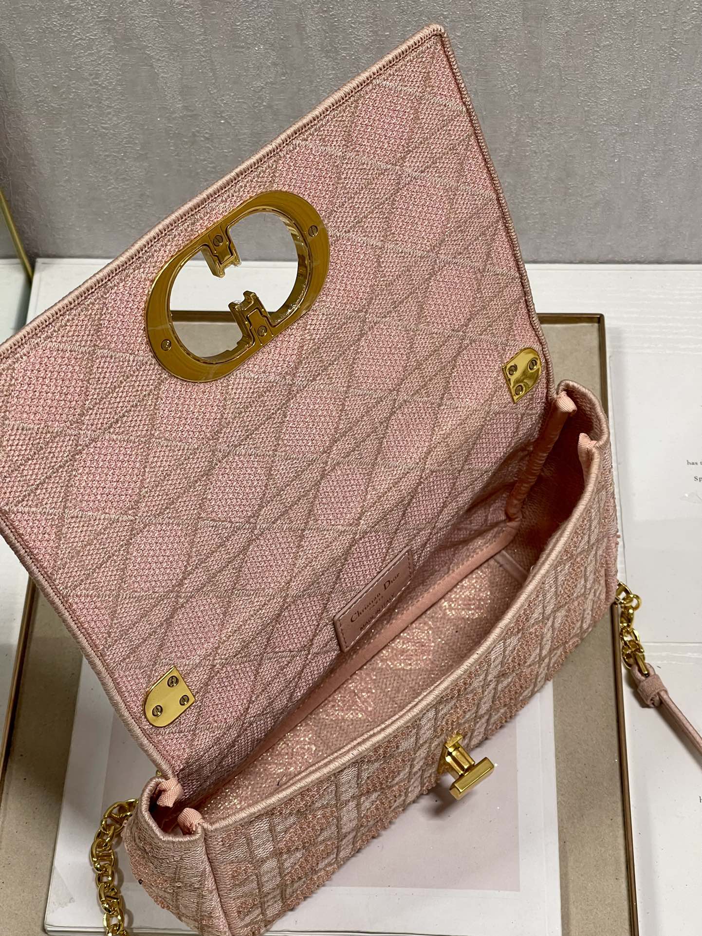 Dior Caro Bag Macrocannage Tweed Embroidery Pink