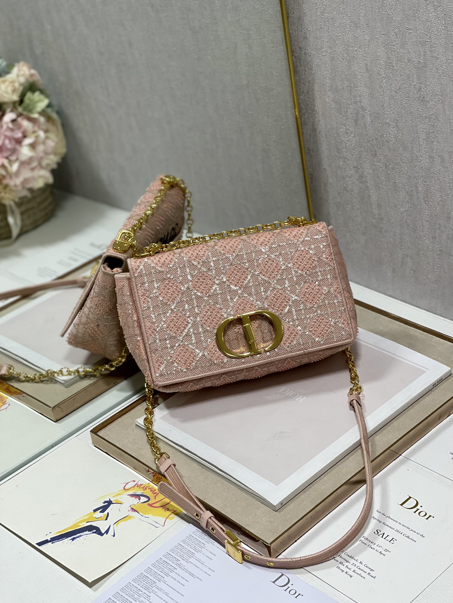 Dior Caro Bag Macrocannage Tweed Embroidery Pink