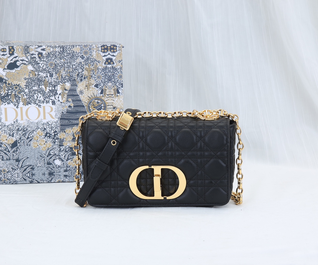 Dior Caro Bag Supple Cannage Calfskin Black With Gold Logo 20cm