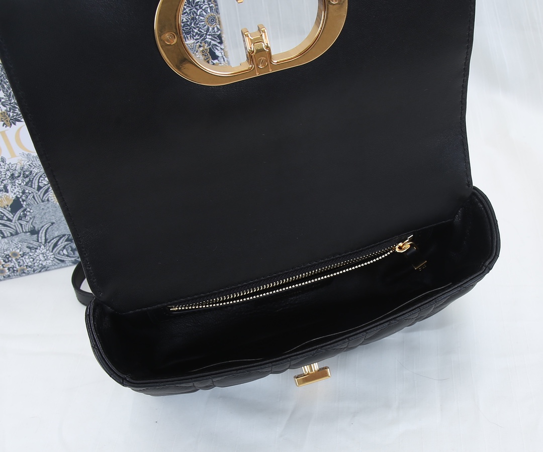 Dior Caro Bag Supple Cannage Calfskin Black With Gold Logo 20cm