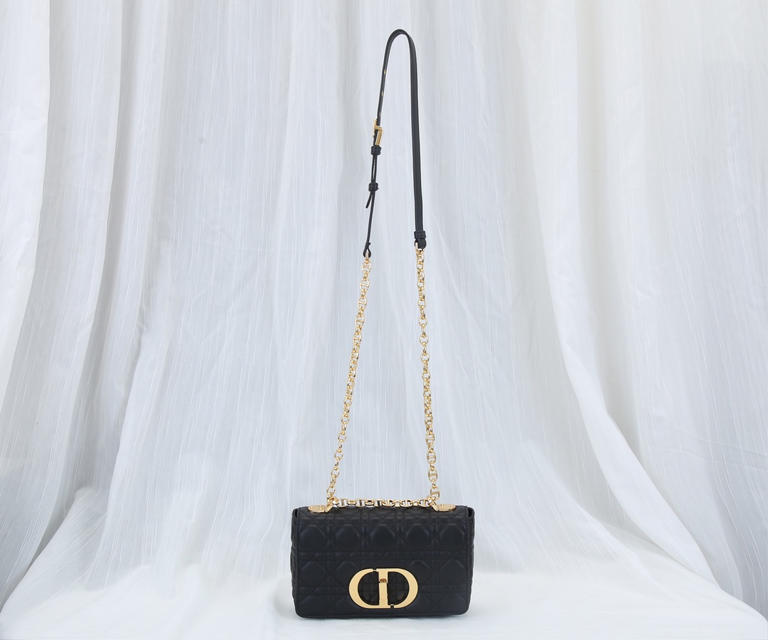 Dior Caro Bag Supple Cannage Calfskin Black With Gold Logo 20cm