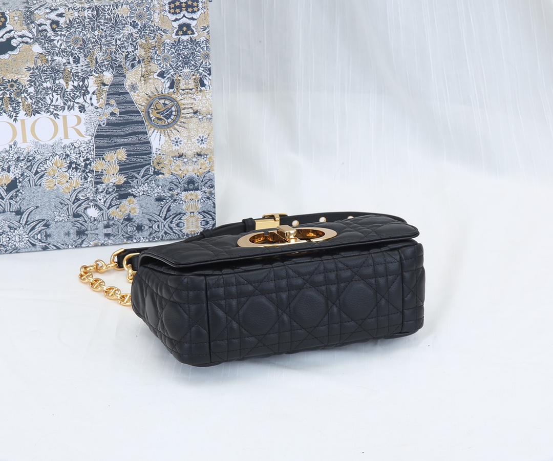 Dior Caro Bag Supple Cannage Calfskin Black With Gold Logo 20cm