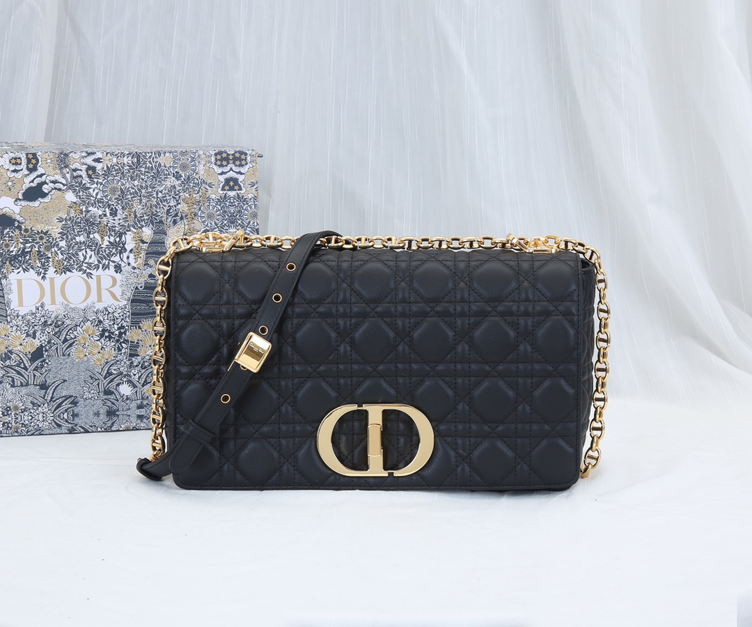 Dior Caro Bag Supple Cannage Calfskin Black With Gold Logo 25.5cm