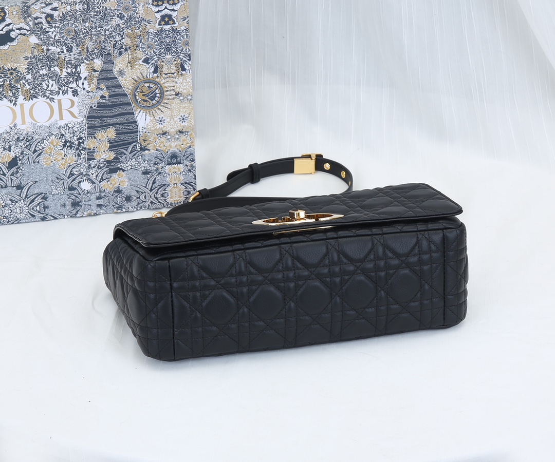 Dior Caro Bag Supple Cannage Calfskin Black With Gold Logo 25.5cm