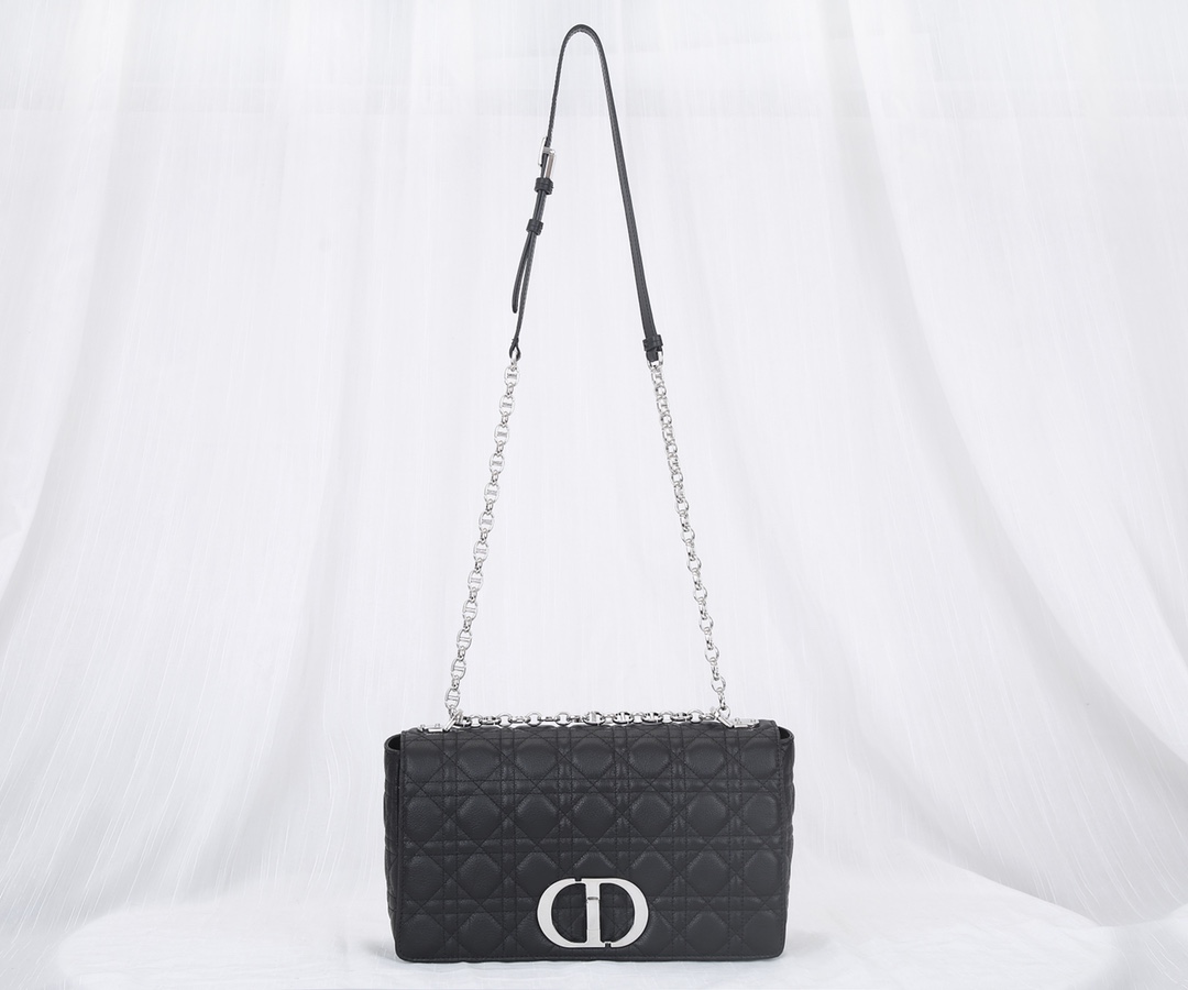 Dior Caro Bag Supple Cannage Calfskin Black With Silver Logo 20cm