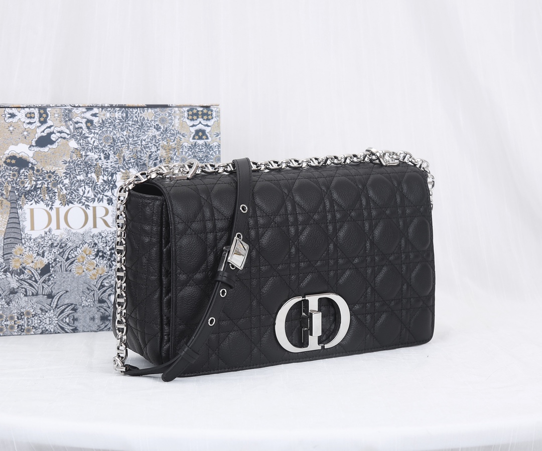 Dior Caro Bag Supple Cannage Calfskin Black With Silver Logo 20cm