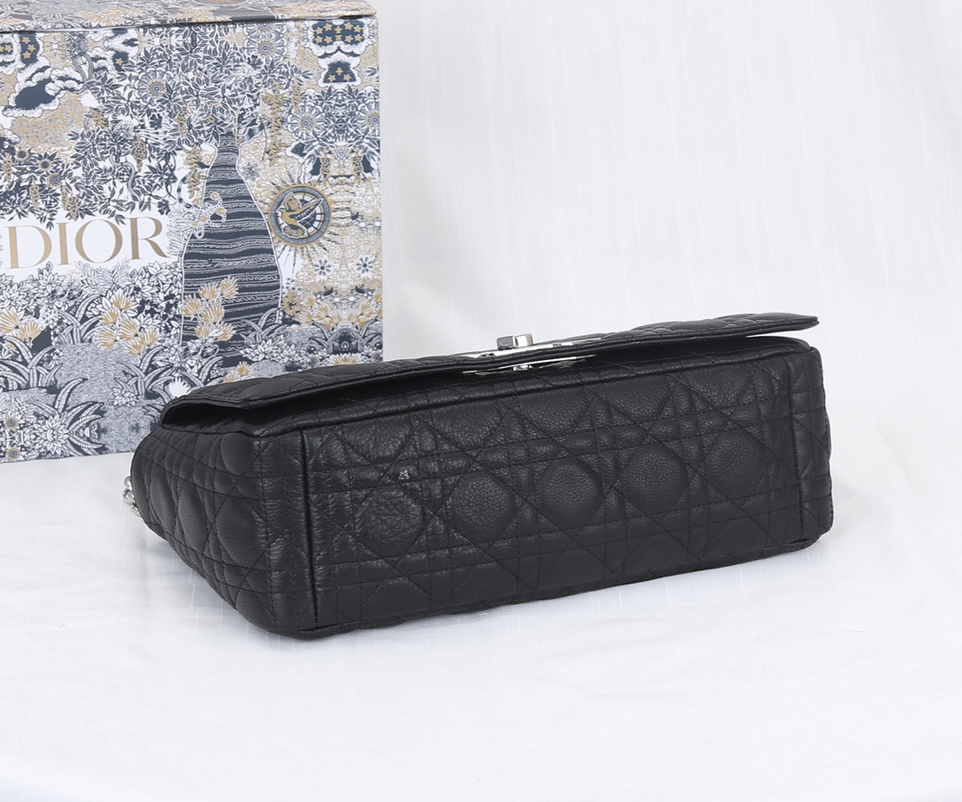 Dior Caro Bag Supple Cannage Calfskin Black With Silver Logo 20cm