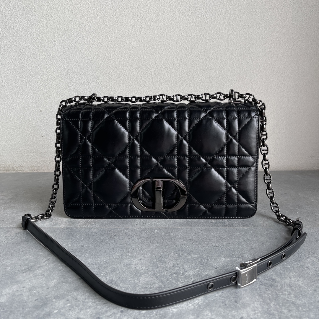 Dior Caro Macrocannage Pouch Black Quilted Macrocannage Calfskin 28cm