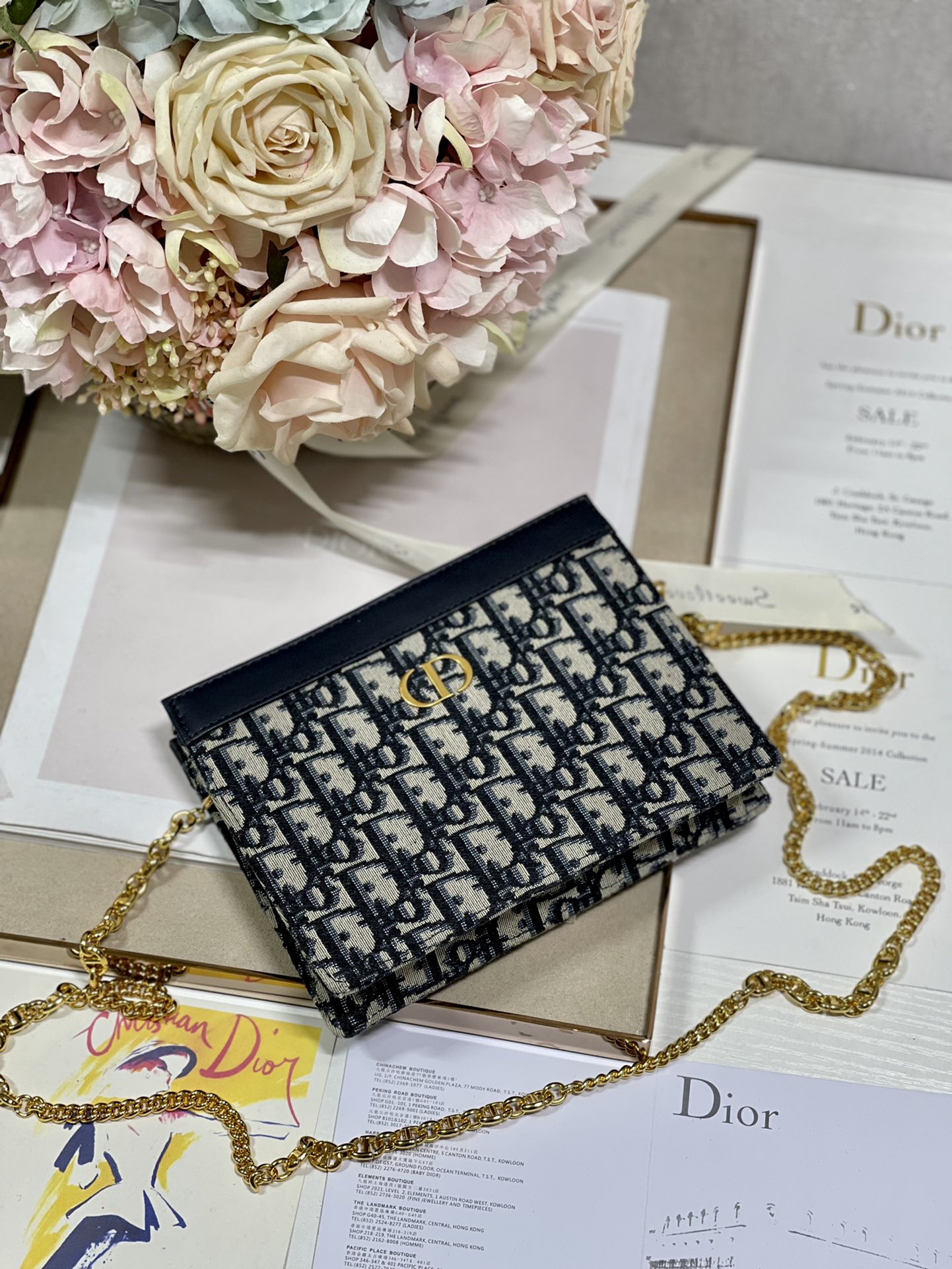 Dior Caro Zipped Pouch With Chain Blue Dior Oblique Embroidery