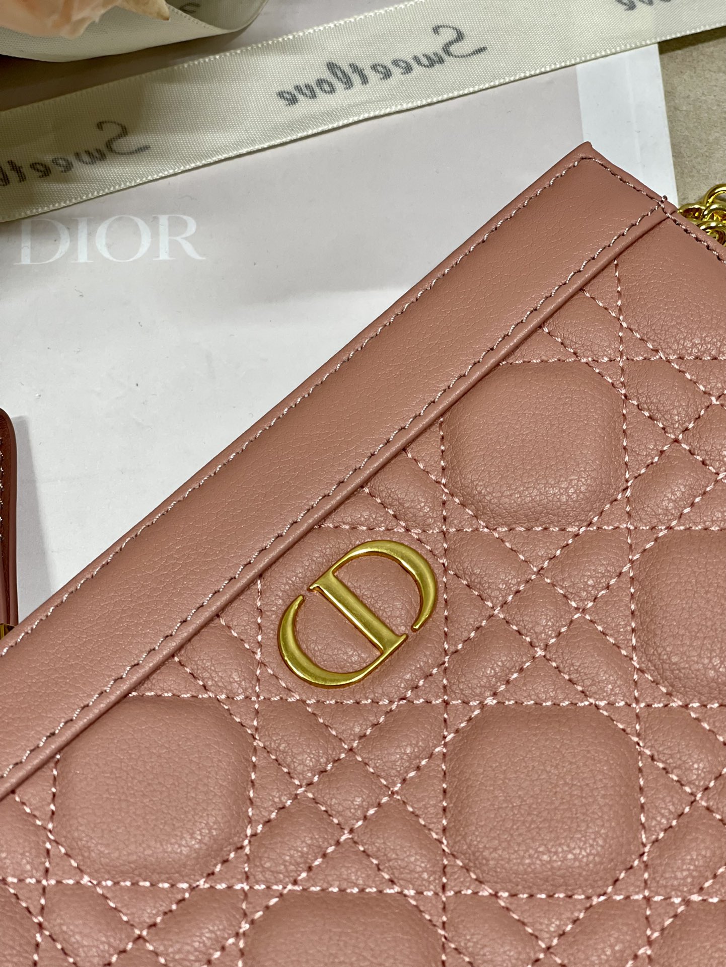 Dior Caro Zipped Pouch With Chain Blush Supple Cannage Calfskin