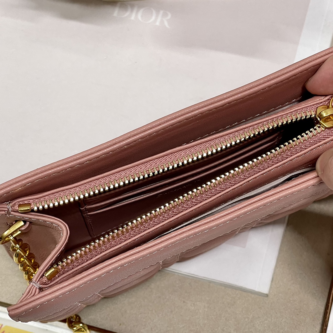 Dior Caro Zipped Pouch With Chain Blush Supple Cannage Calfskin