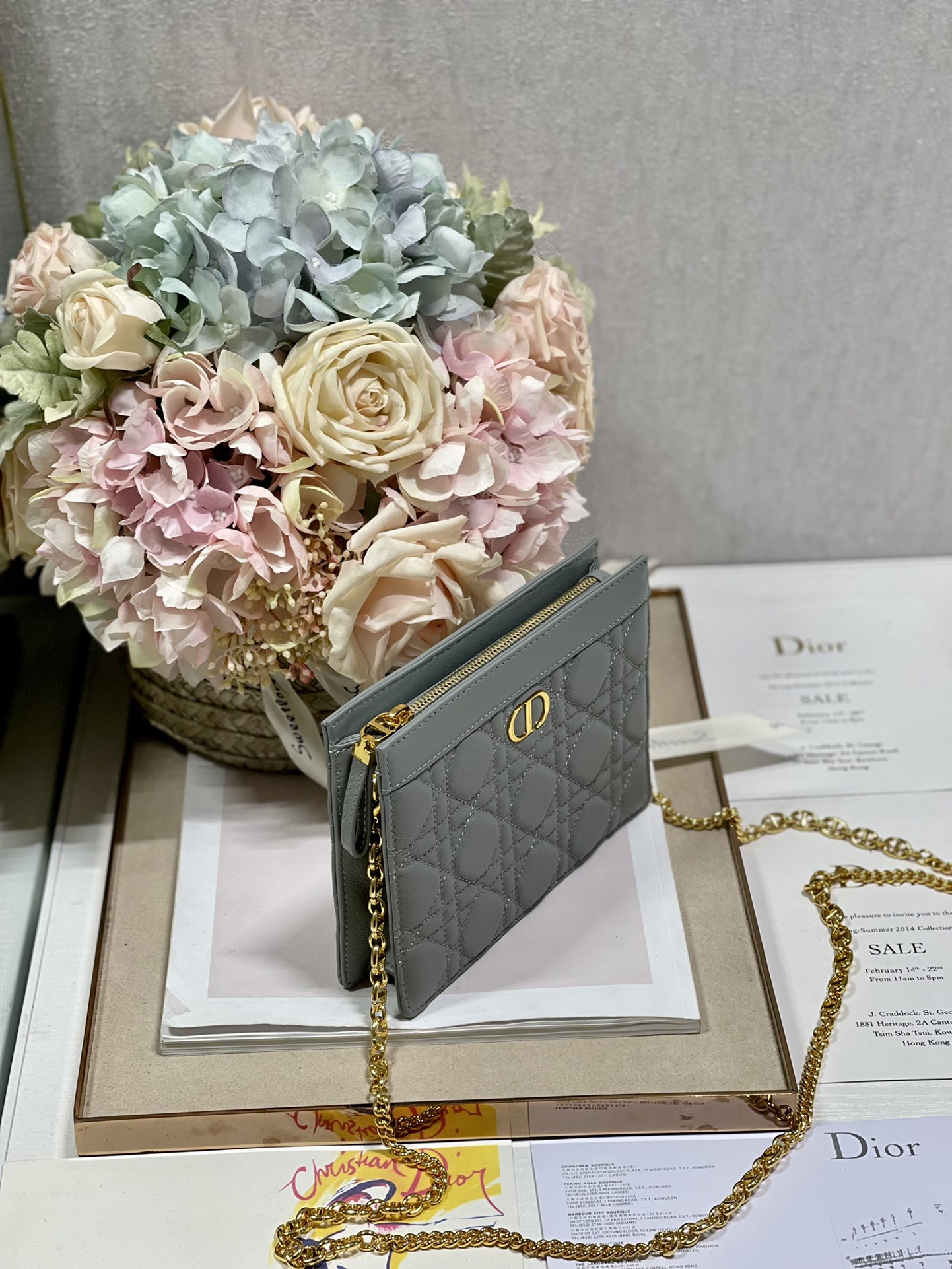 Dior Caro Zipped Pouch With Chain Gray Supple Cannage Calfskin