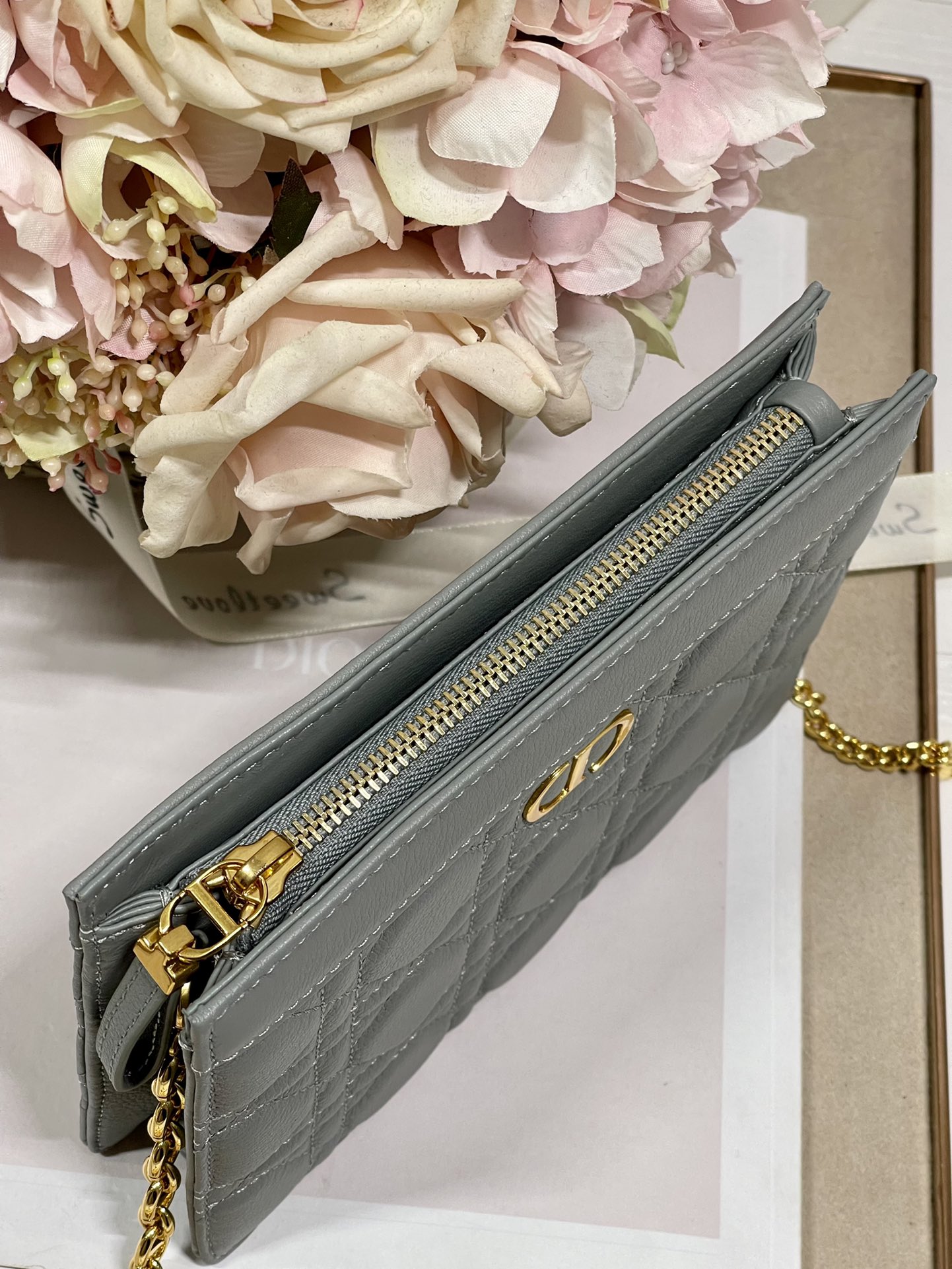 Dior Caro Zipped Pouch With Chain Gray Supple Cannage Calfskin