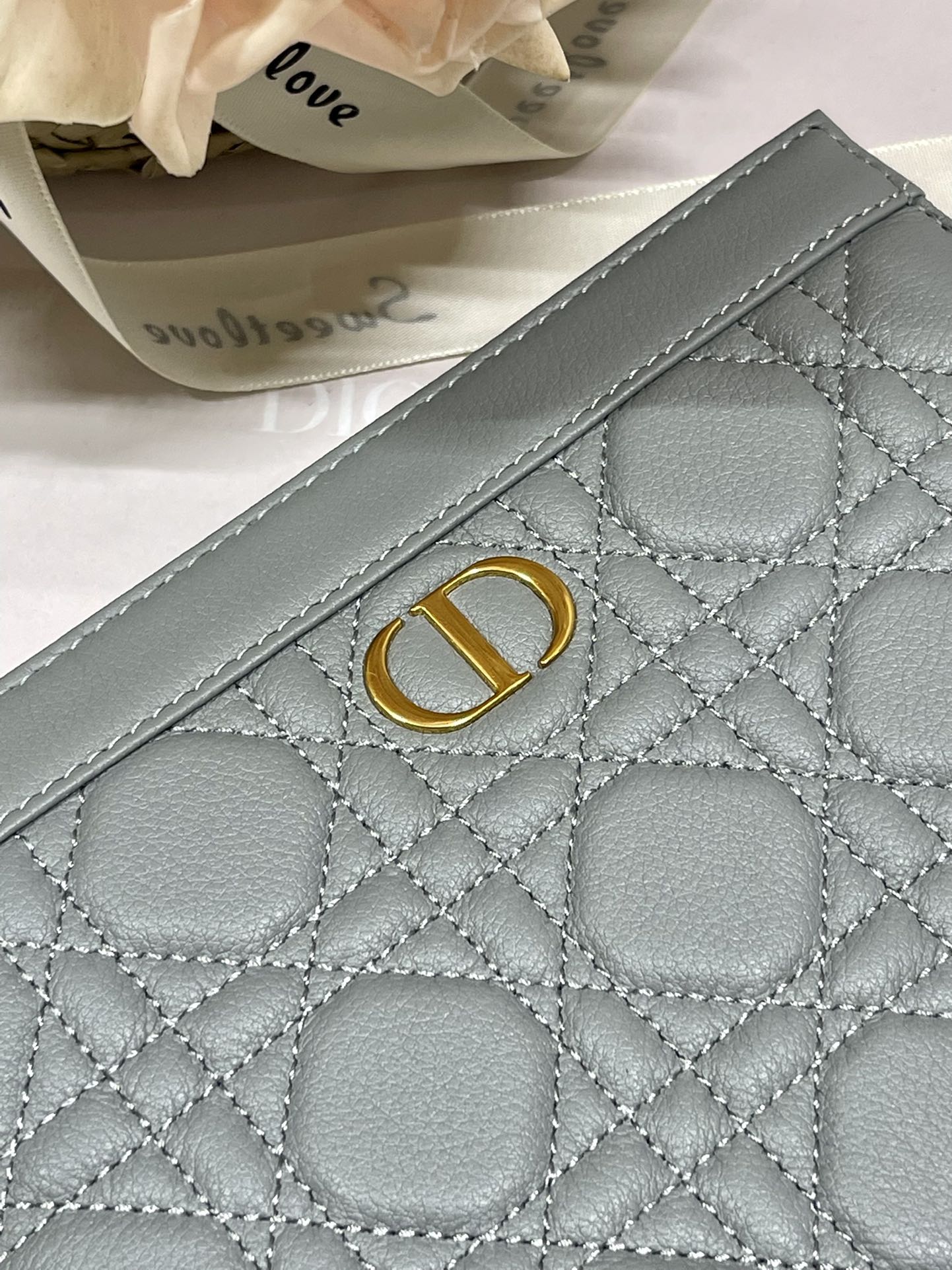 Dior Caro Zipped Pouch With Chain Gray Supple Cannage Calfskin