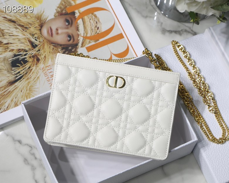 Dior Caro Zipped Pouch With Chain White Supple Cannage Calfskin