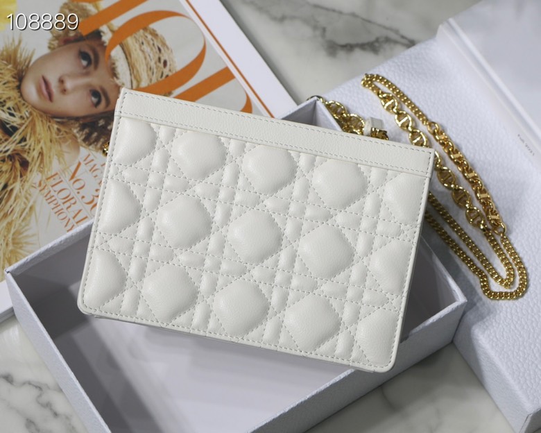 Dior Caro Zipped Pouch With Chain White Supple Cannage Calfskin