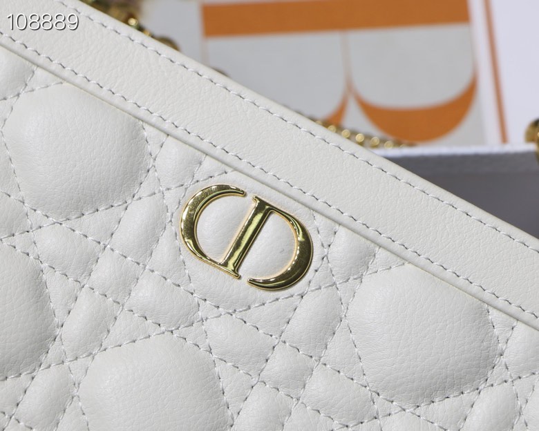 Dior Caro Zipped Pouch With Chain White Supple Cannage Calfskin