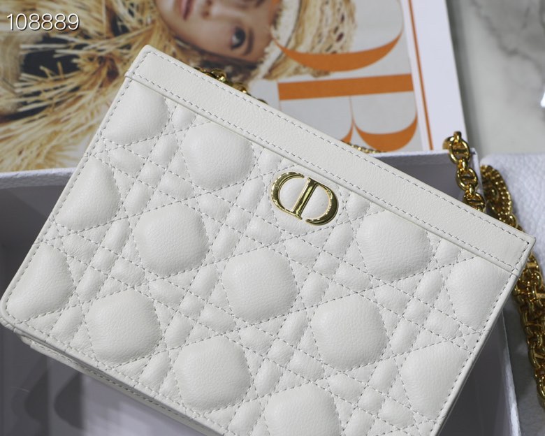 Dior Caro Zipped Pouch With Chain White Supple Cannage Calfskin