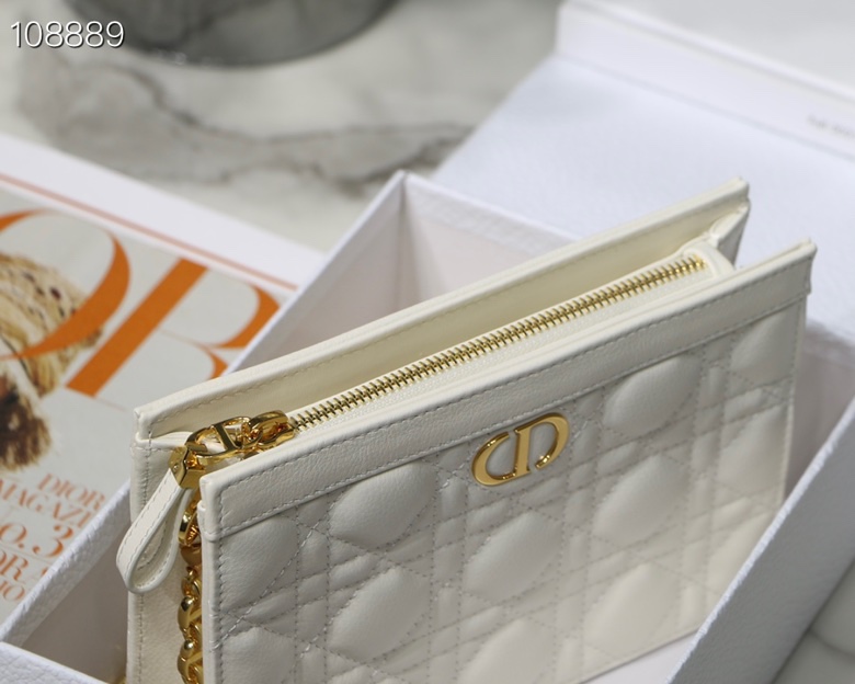 Dior Caro Zipped Pouch With Chain White Supple Cannage Calfskin