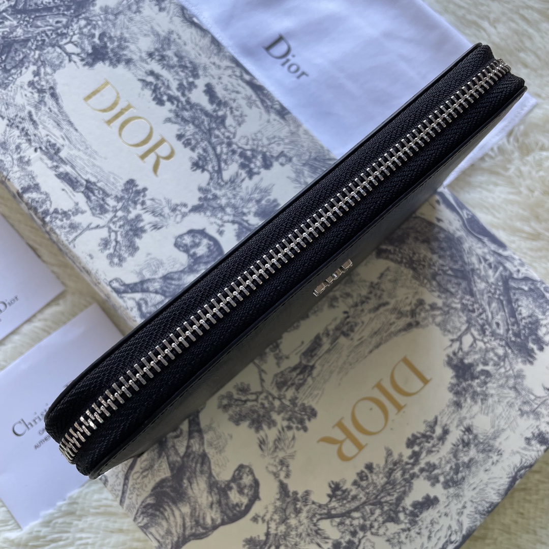 Dior Diamond Pattern Long Wallet Black Smooth Calfskin