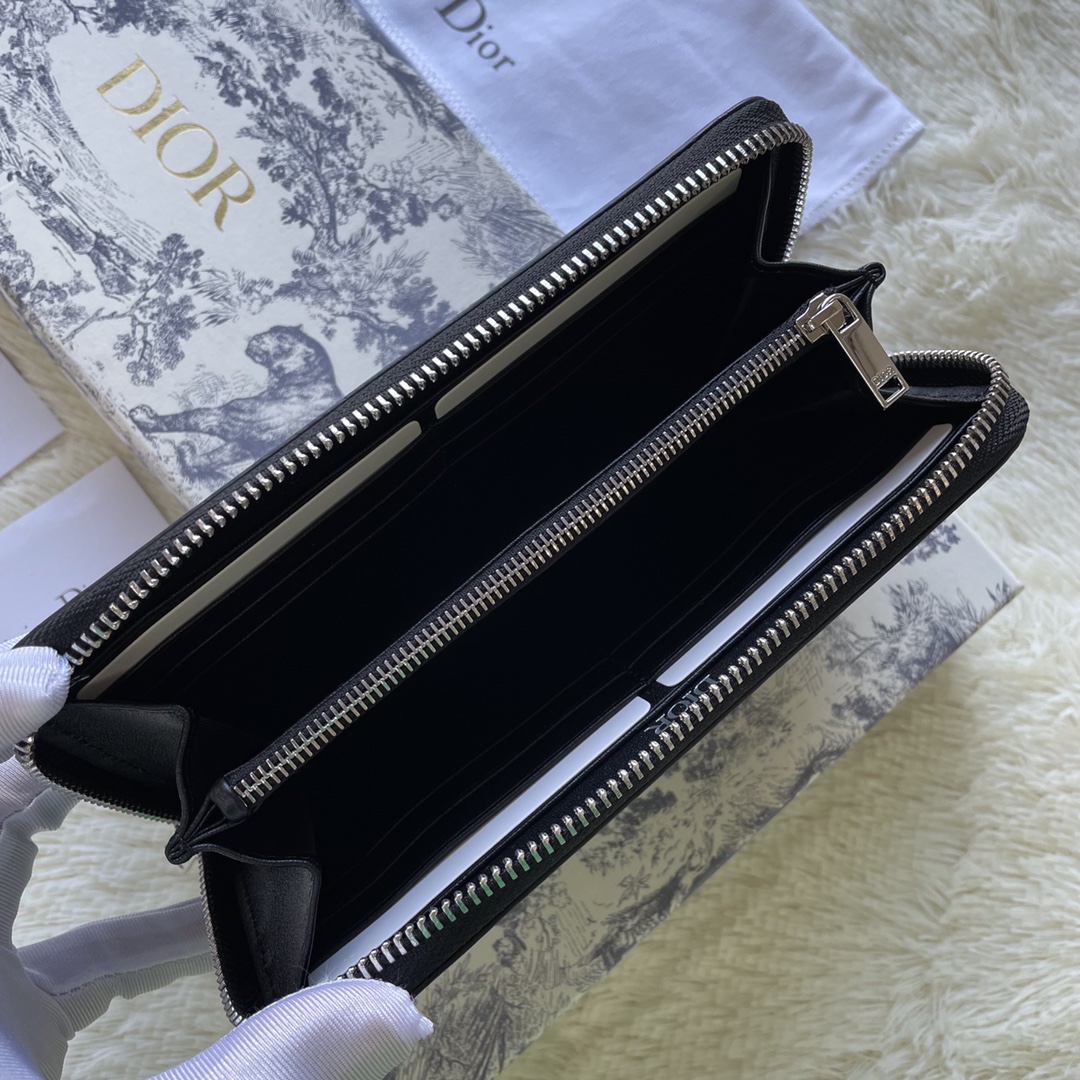 Dior Diamond Pattern Long Wallet Black Smooth Calfskin