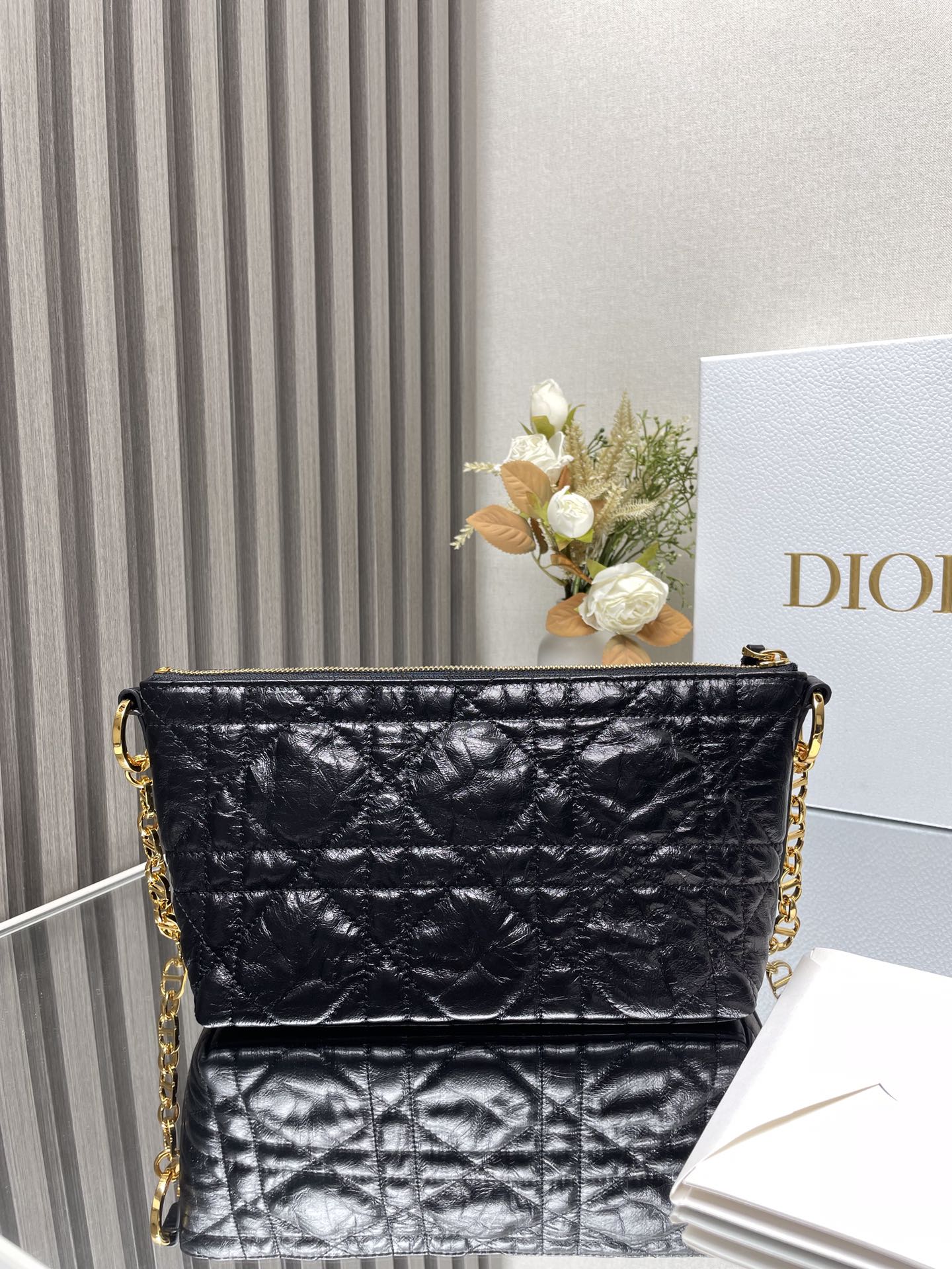 Dior Diorstar Hobo Bag with Chain Black Macrocannage Crinkled Calfskin