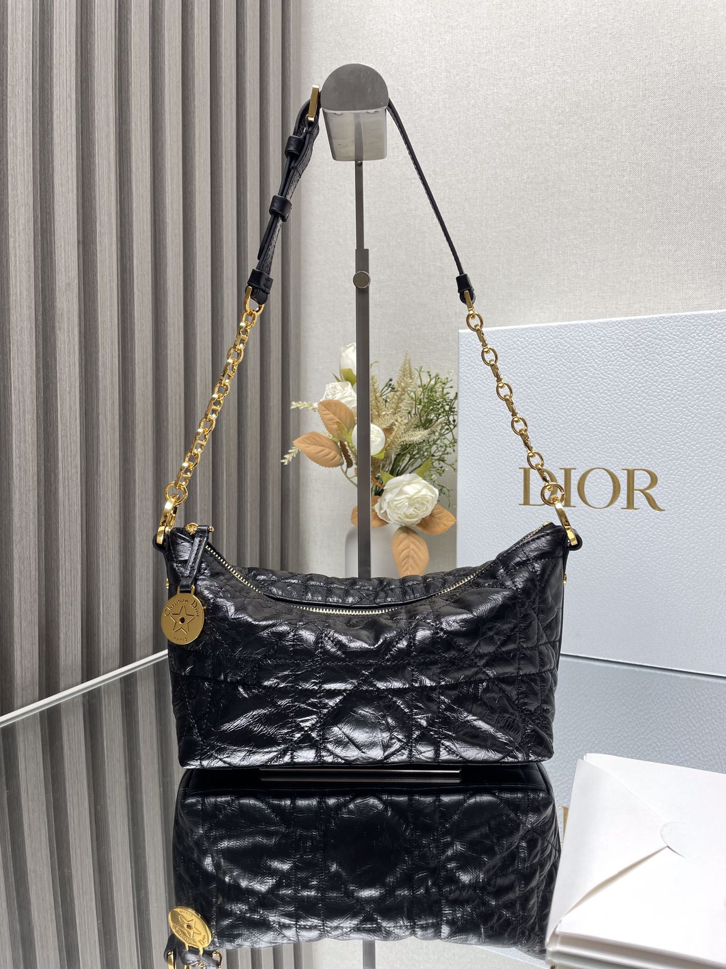 Dior Diorstar Hobo Bag with Chain Black Macrocannage Crinkled Calfskin