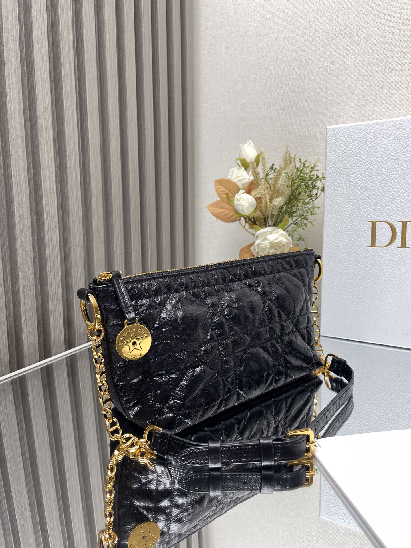 Dior Diorstar Hobo Bag with Chain Black Macrocannage Crinkled Calfskin