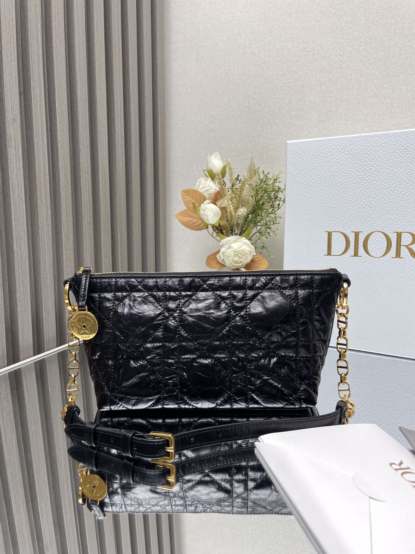 Dior Diorstar Hobo Bag with Chain Black Macrocannage Crinkled Calfskin