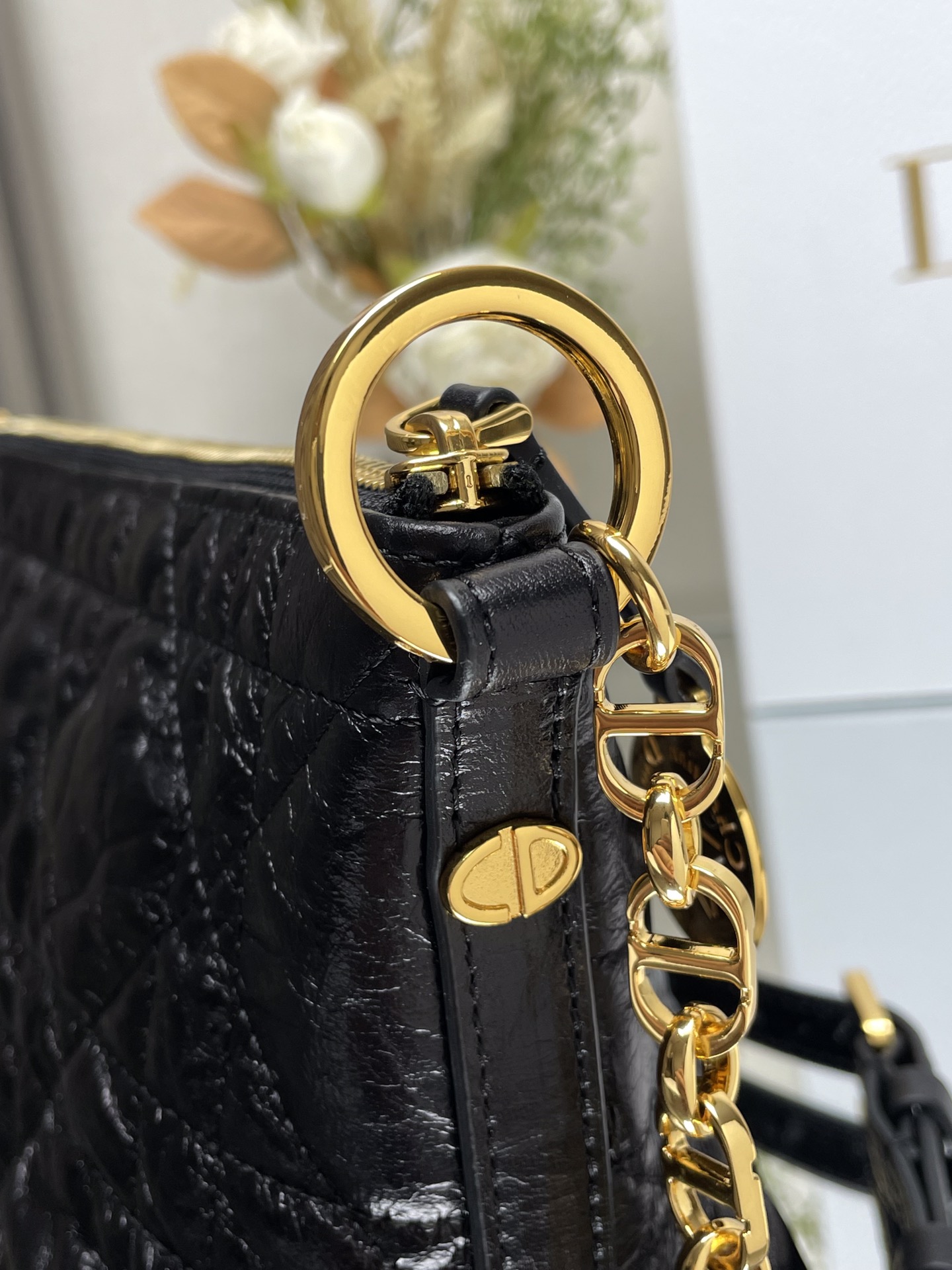 Dior Diorstar Hobo Bag with Chain Black Macrocannage Crinkled Calfskin